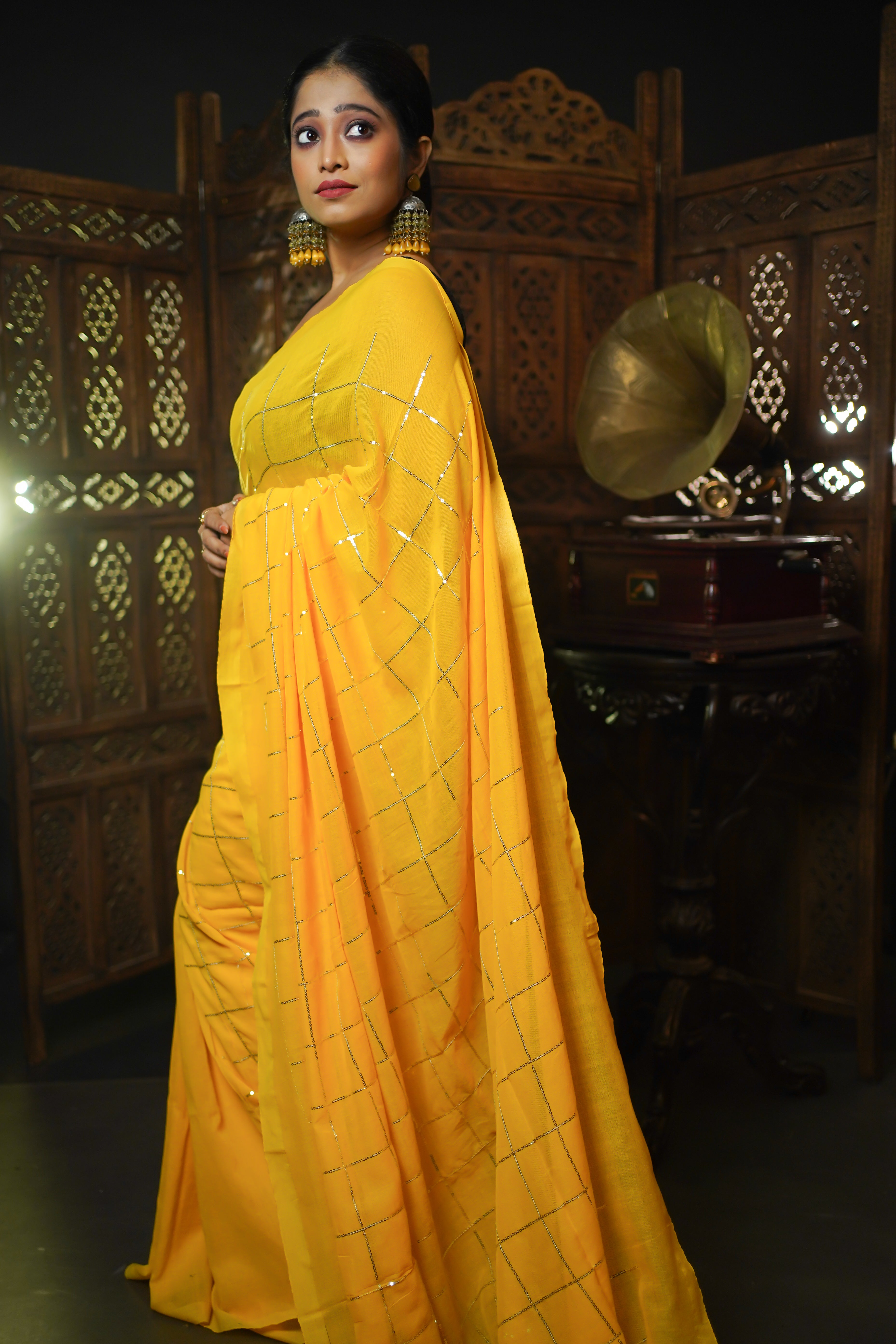 Yellow pure khadi cotton sequence work saree