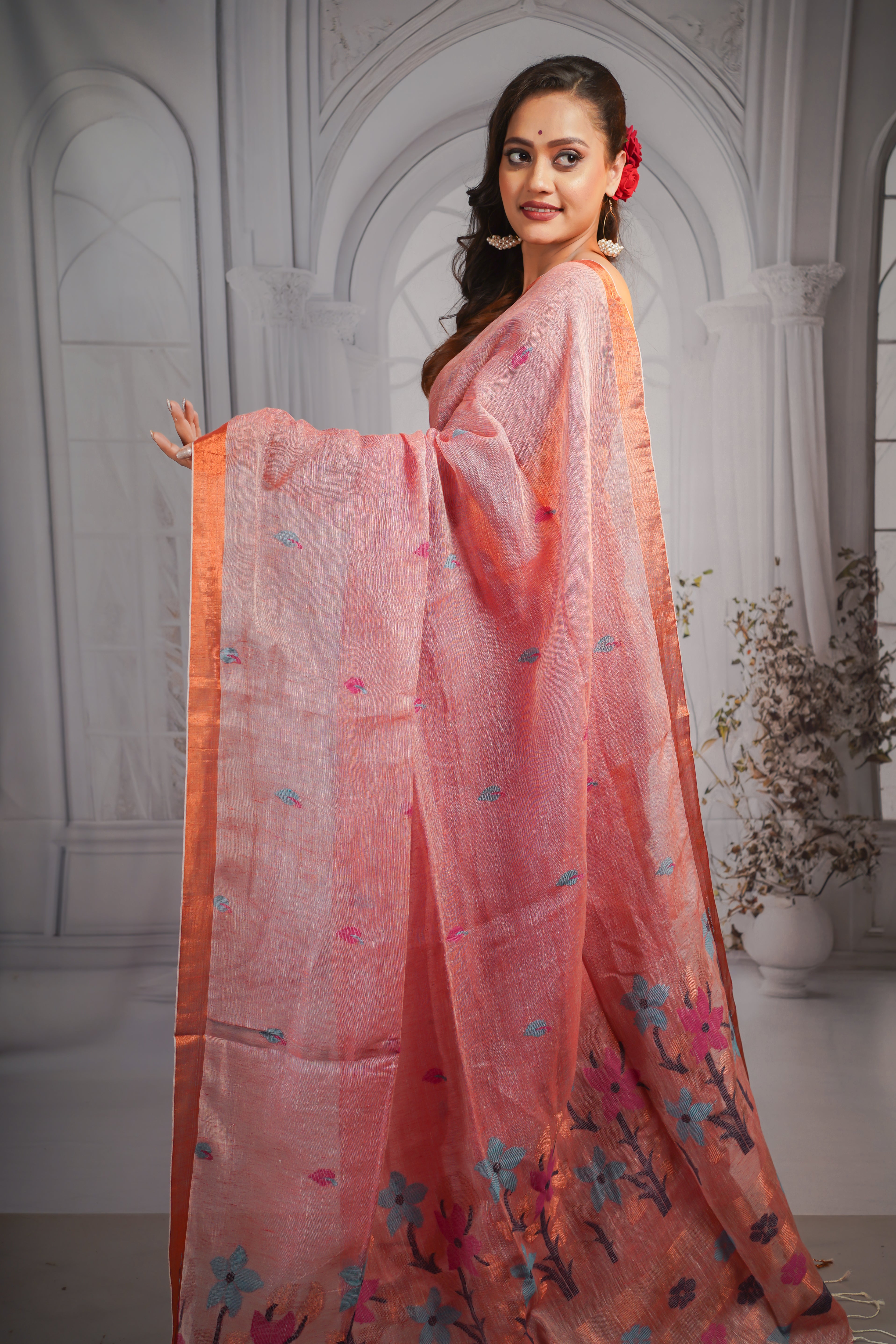 Blushing Peach Pure Linen Handwoven Jamdani Saree