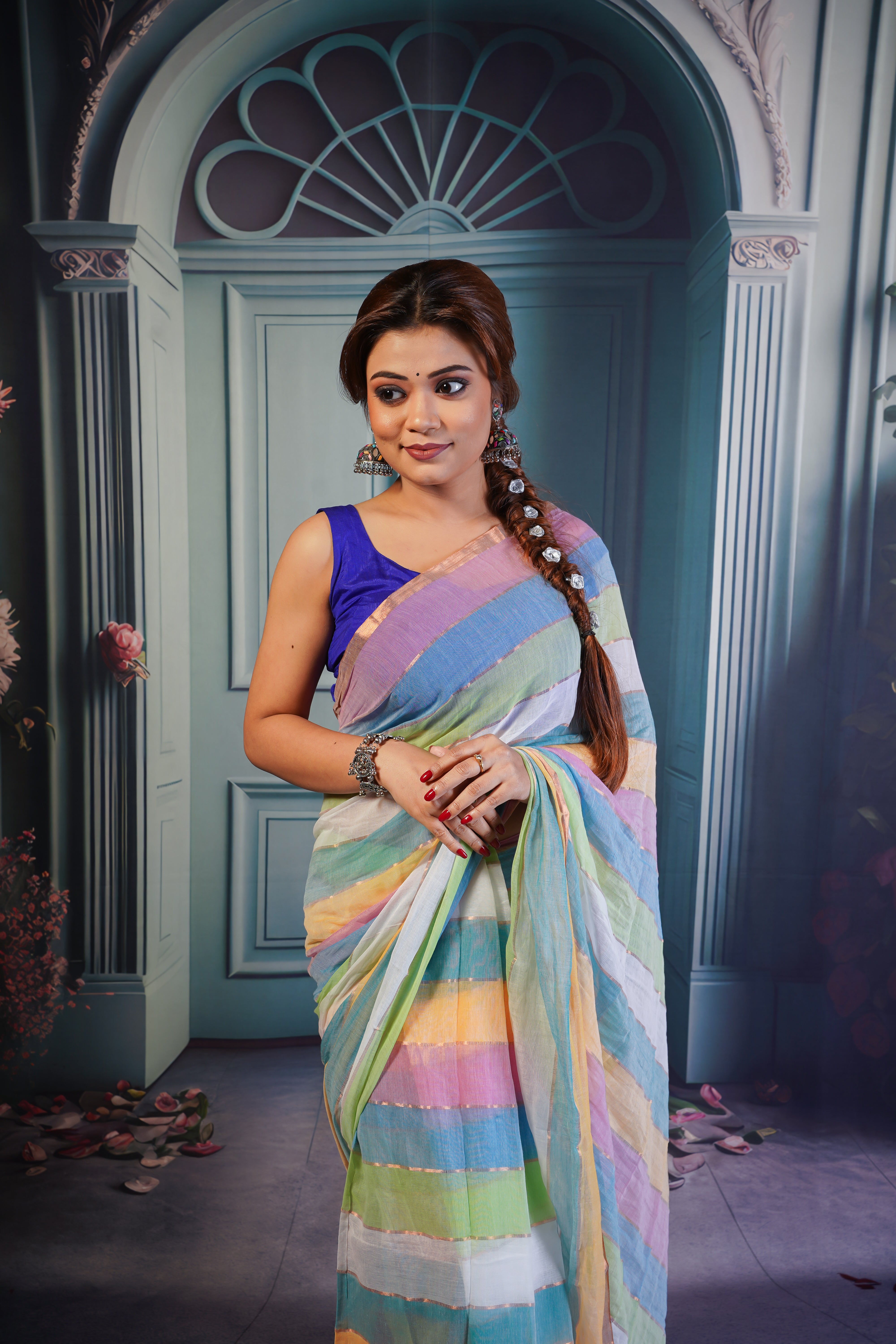 Multicolour Rainbow Mul Mul Cotton Saree