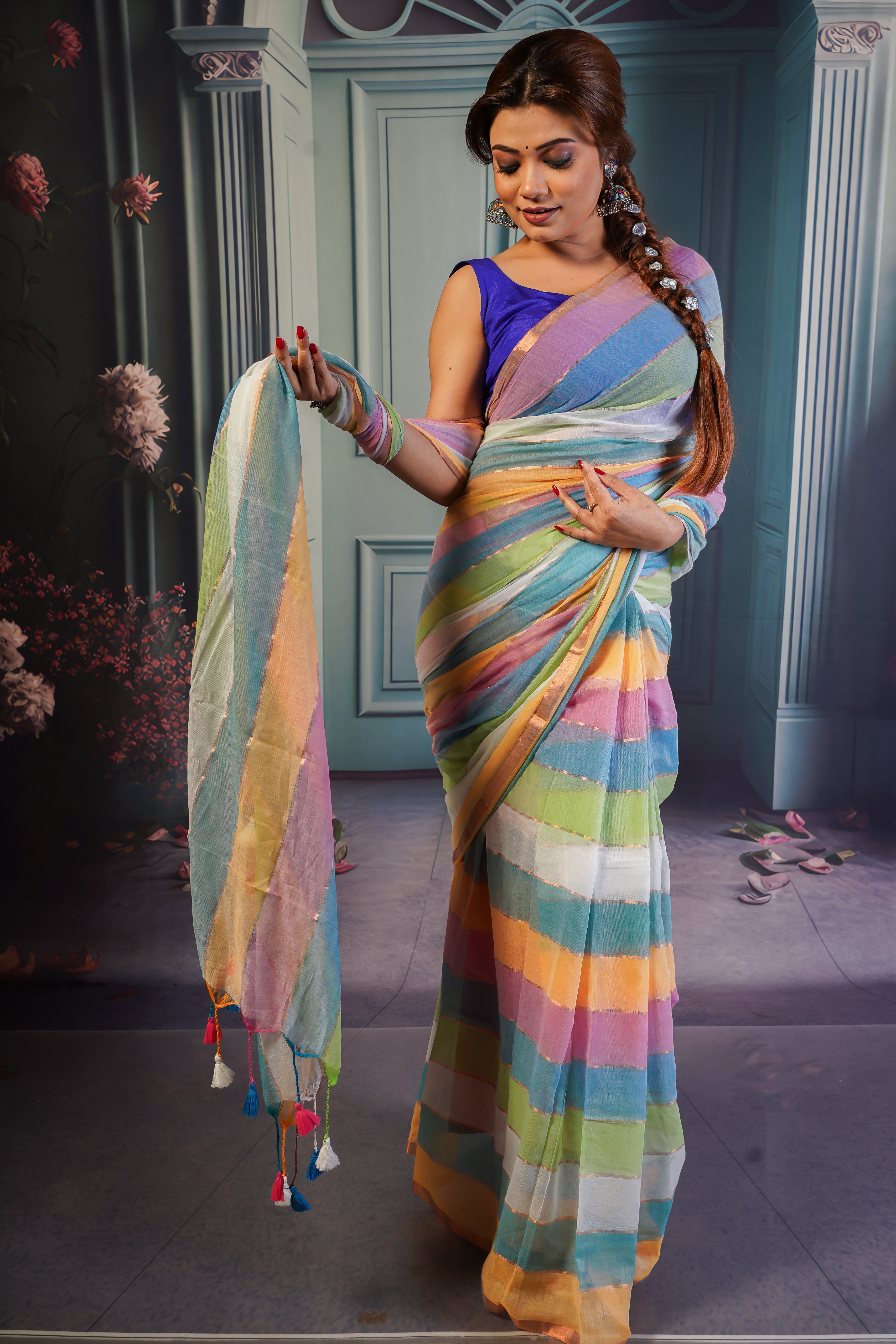 Multicolour Rainbow Mul Mul Cotton Saree