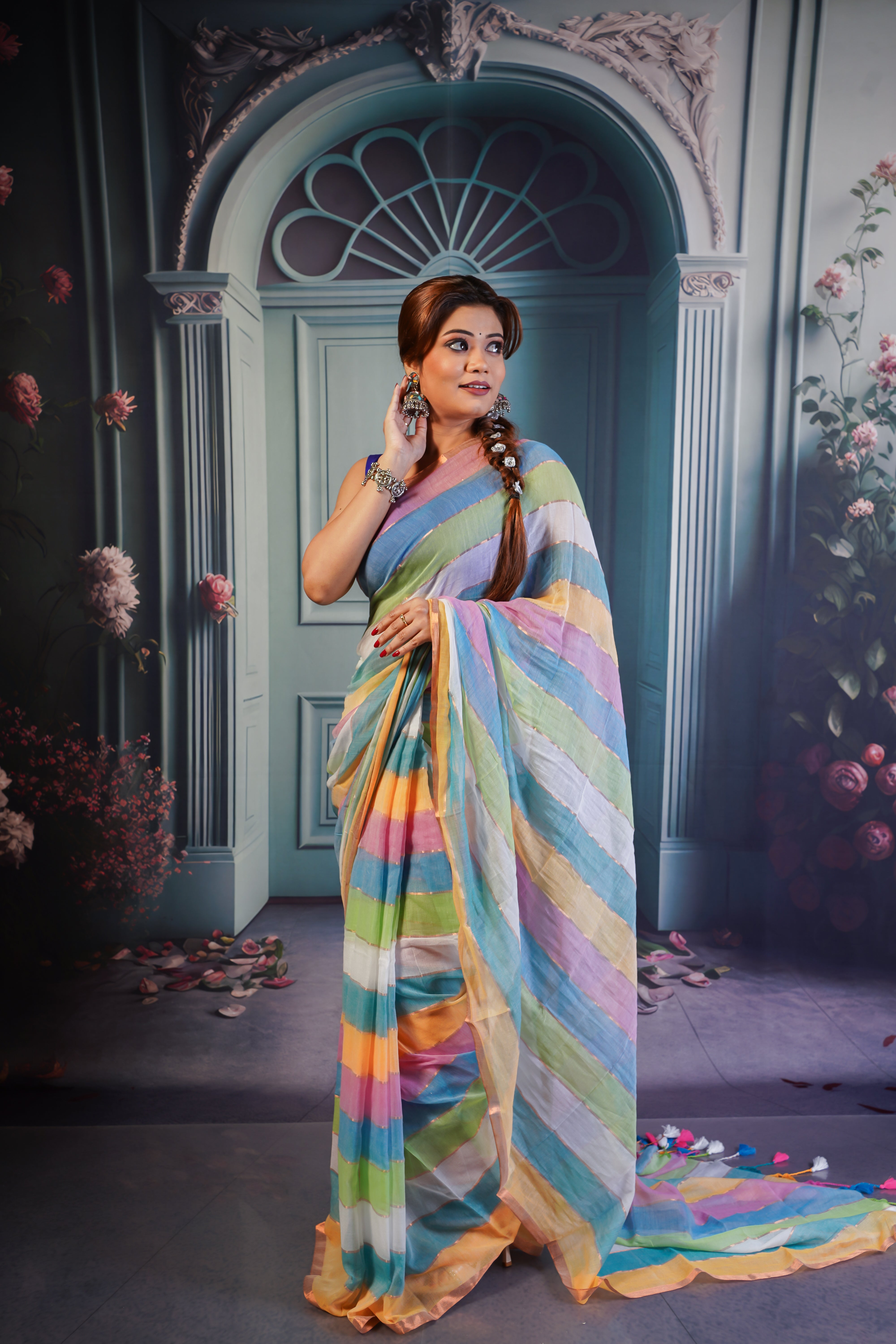 Multicolour Rainbow Mul Mul Cotton Saree