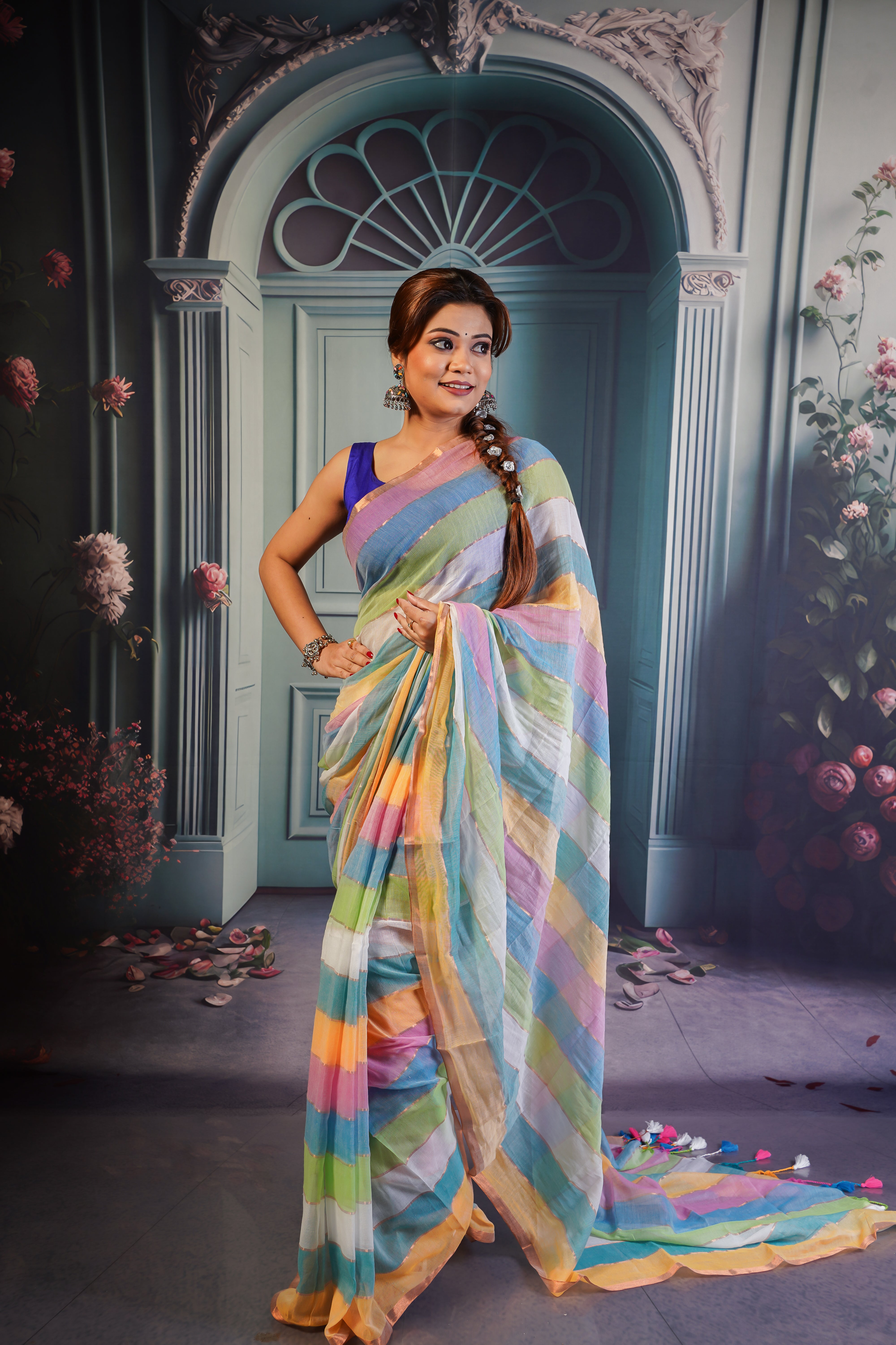 Multicolour Rainbow Mul Mul Cotton Saree
