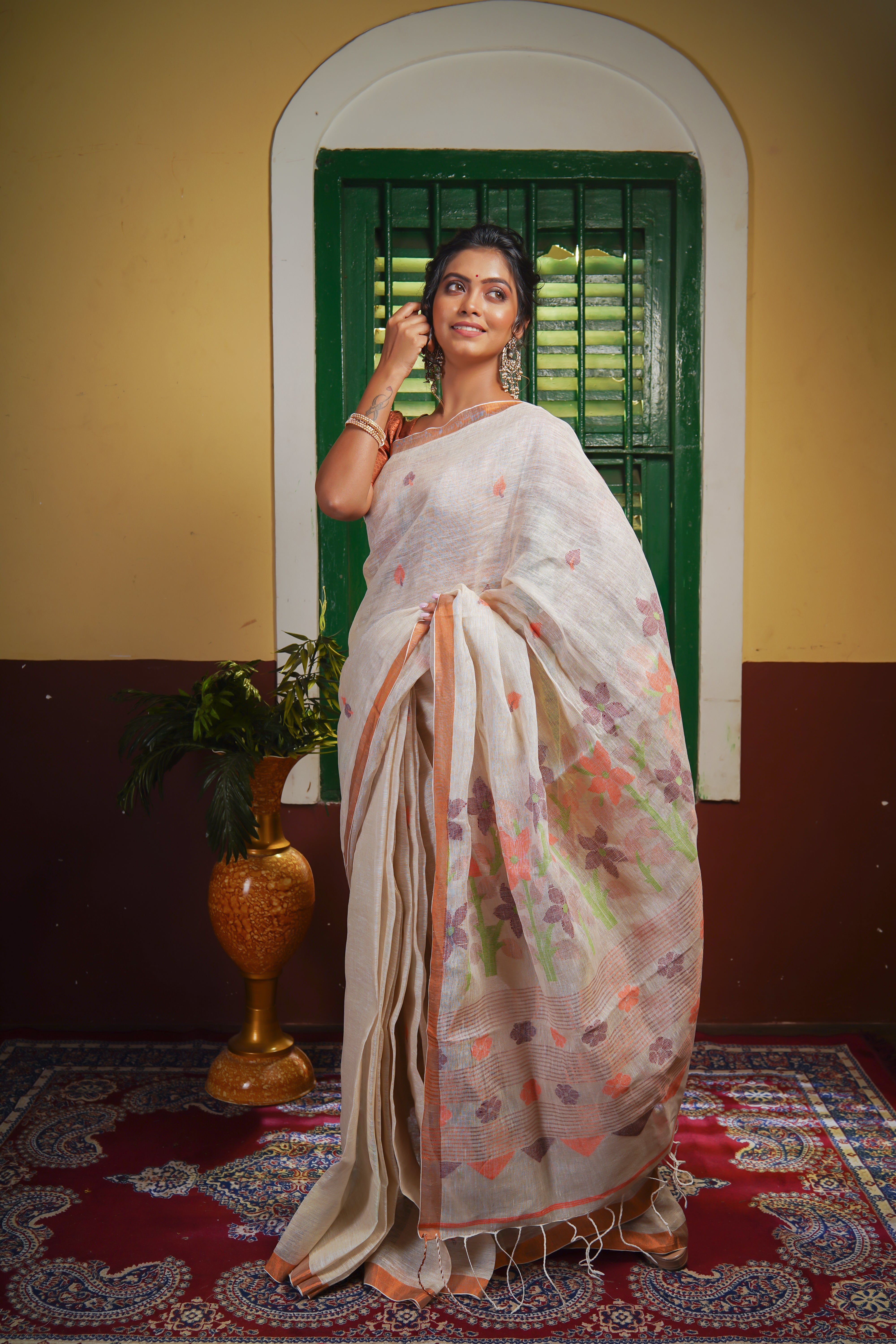 Beigh Pure Linen Handwoven Jamdani Saree