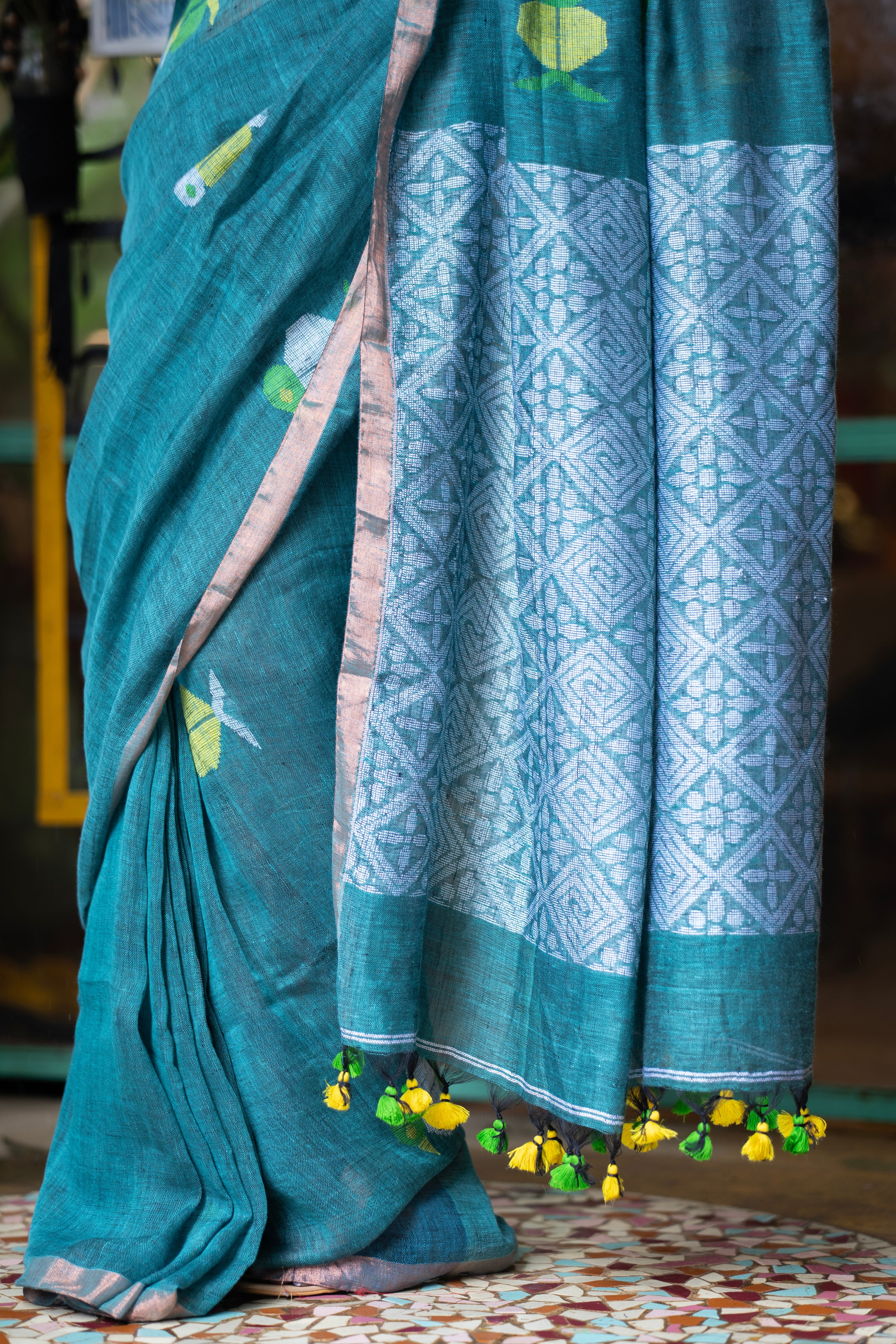 Handwoven Green Linen Jamdani Saree with Penguin Animal Print