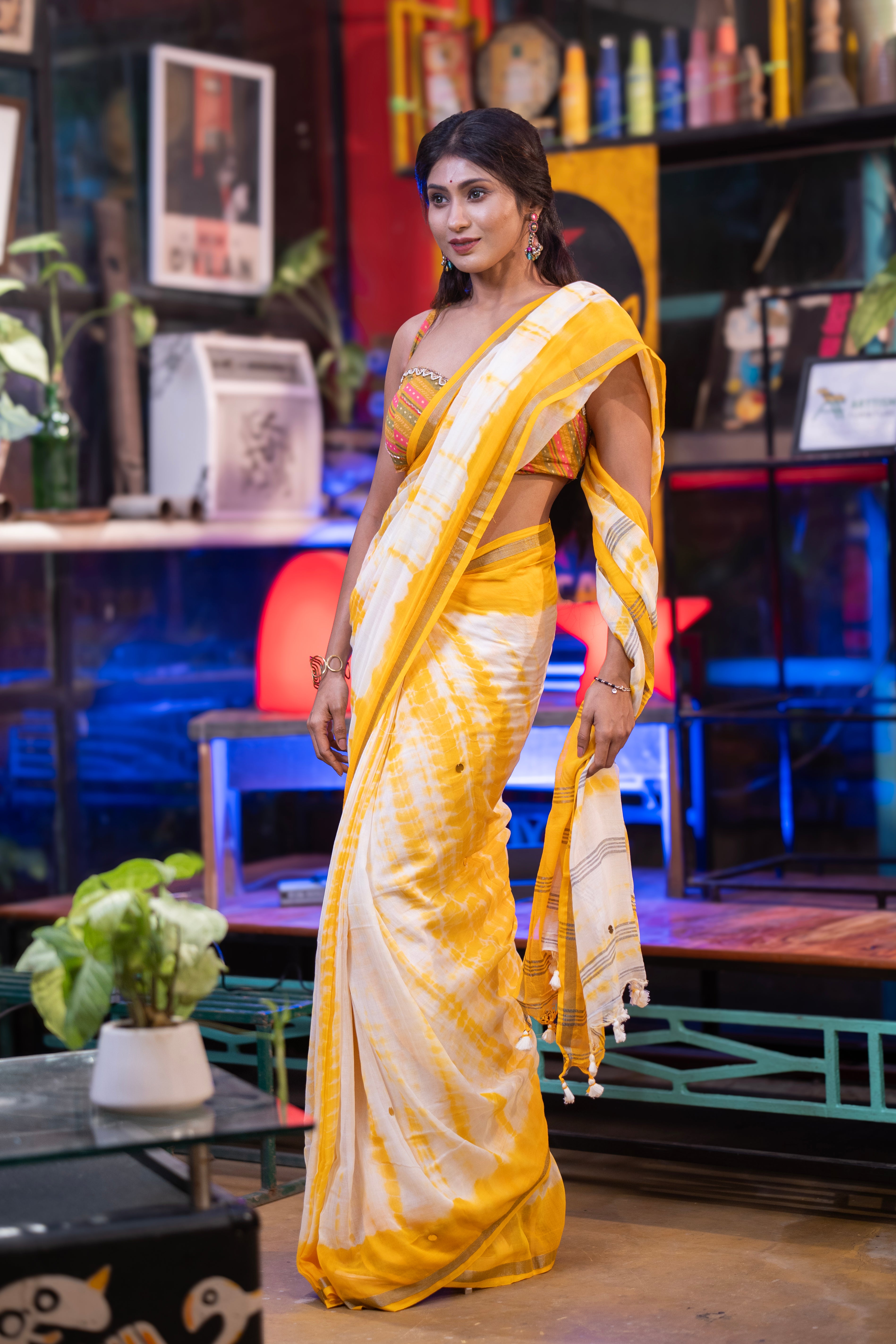 White & Yellow Shibori Gini Work Pure Mul Cotton Saree