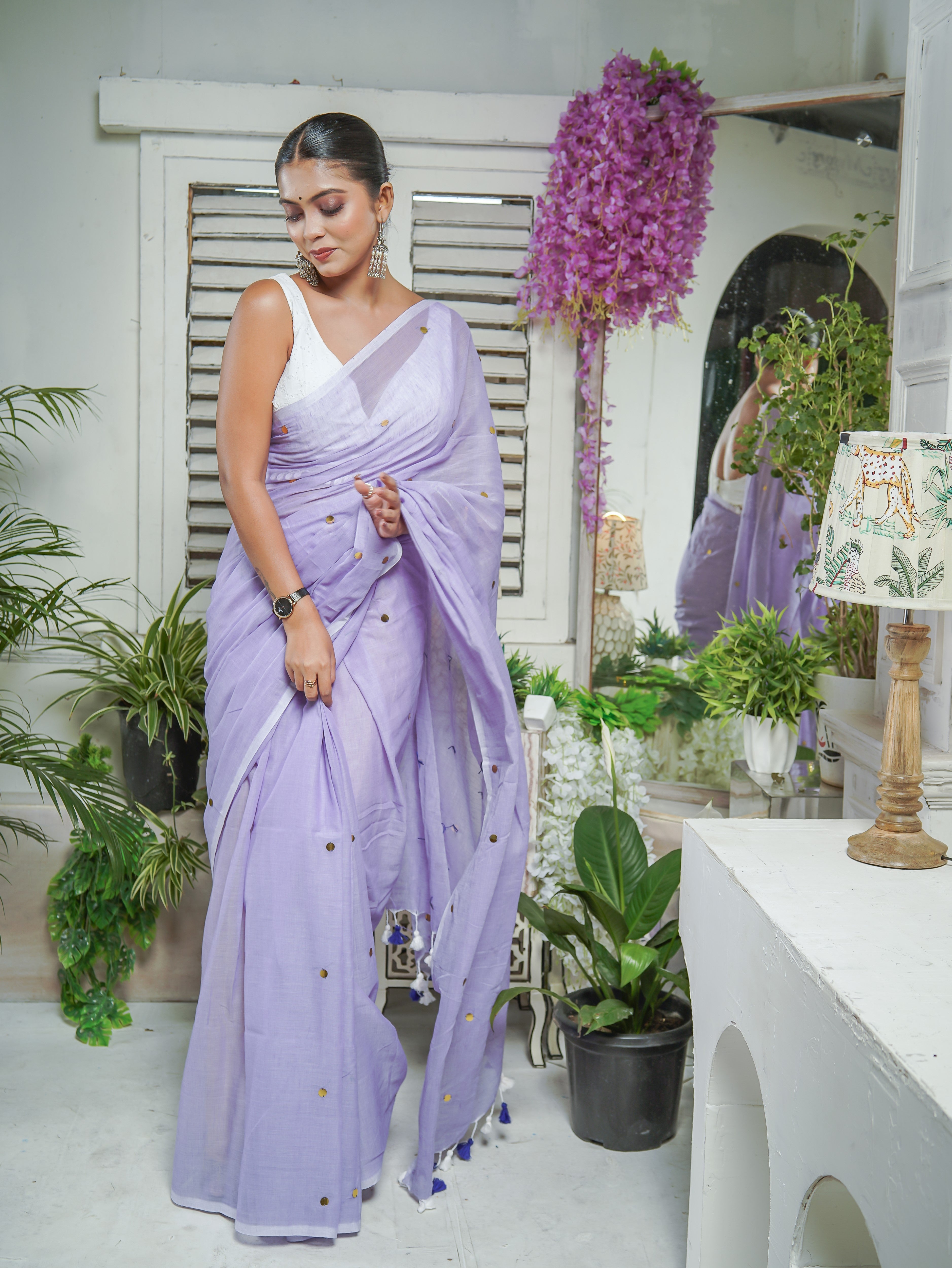 Lavender Mul Mul Cotton Saree with Ginni Work