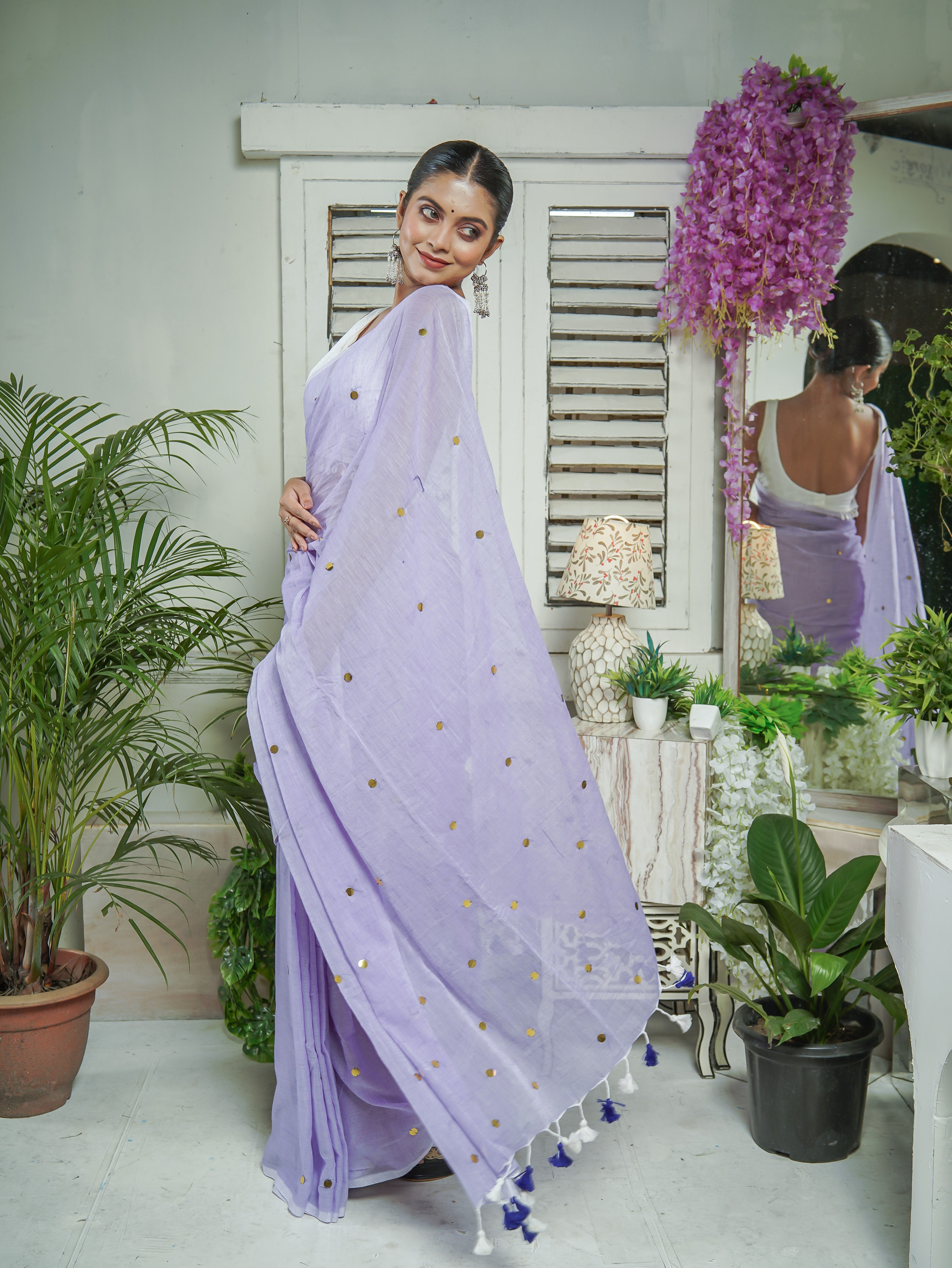 Lavender Mul Mul Cotton Saree with Ginni Work
