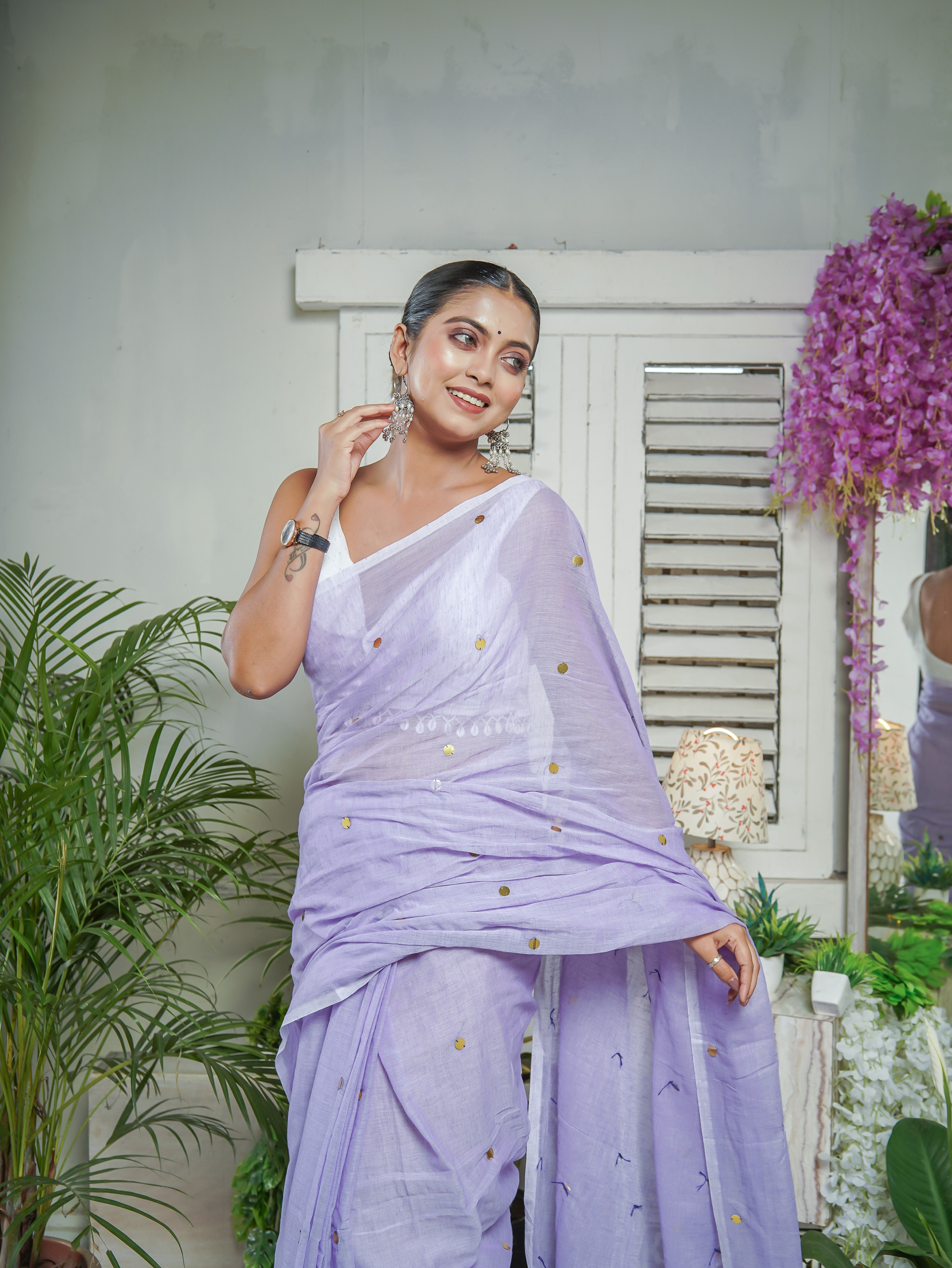 Lavender Mul Mul Cotton Saree with Ginni Work
