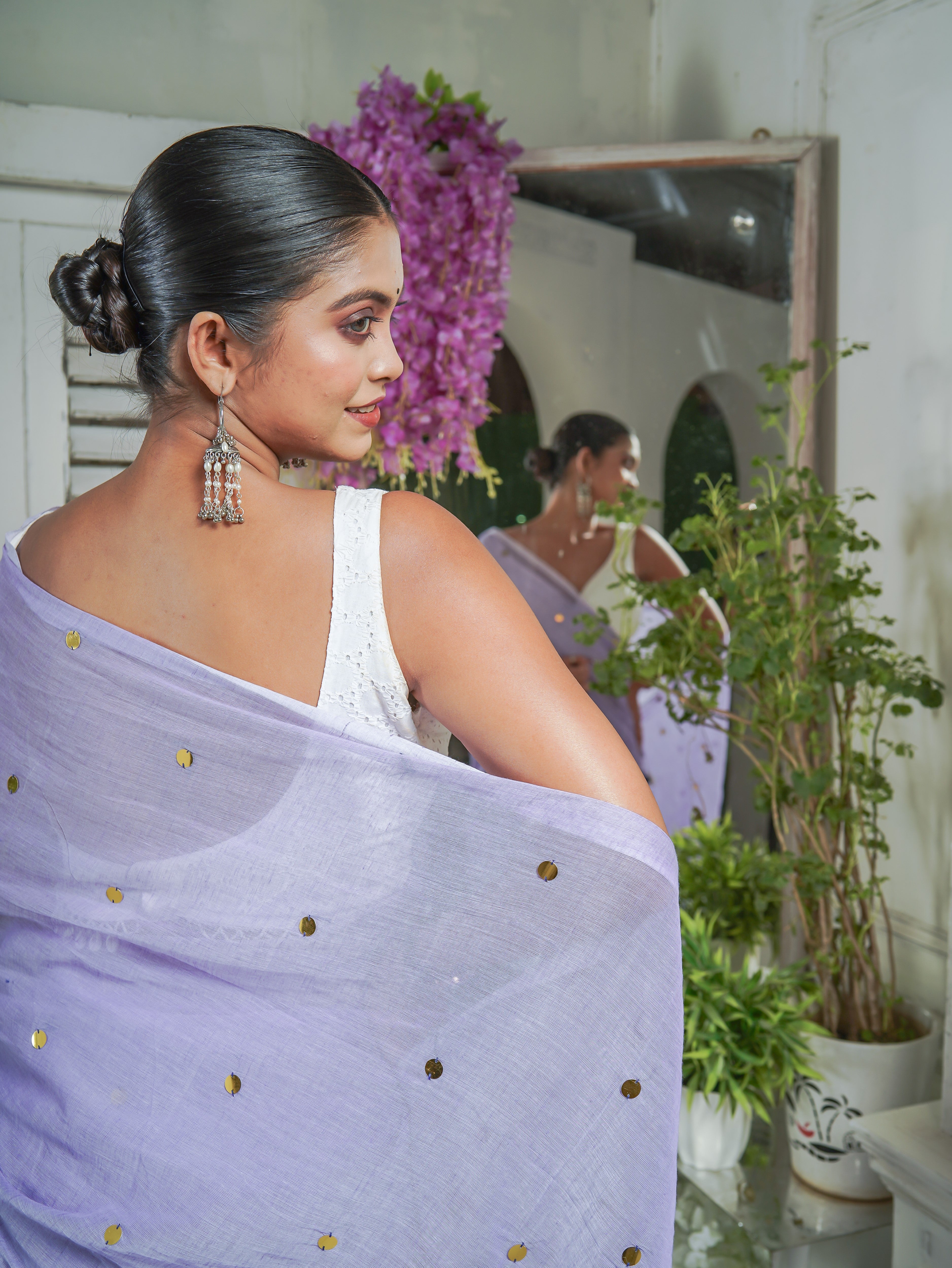 Lavender Mul Mul Cotton Saree with Ginni Work