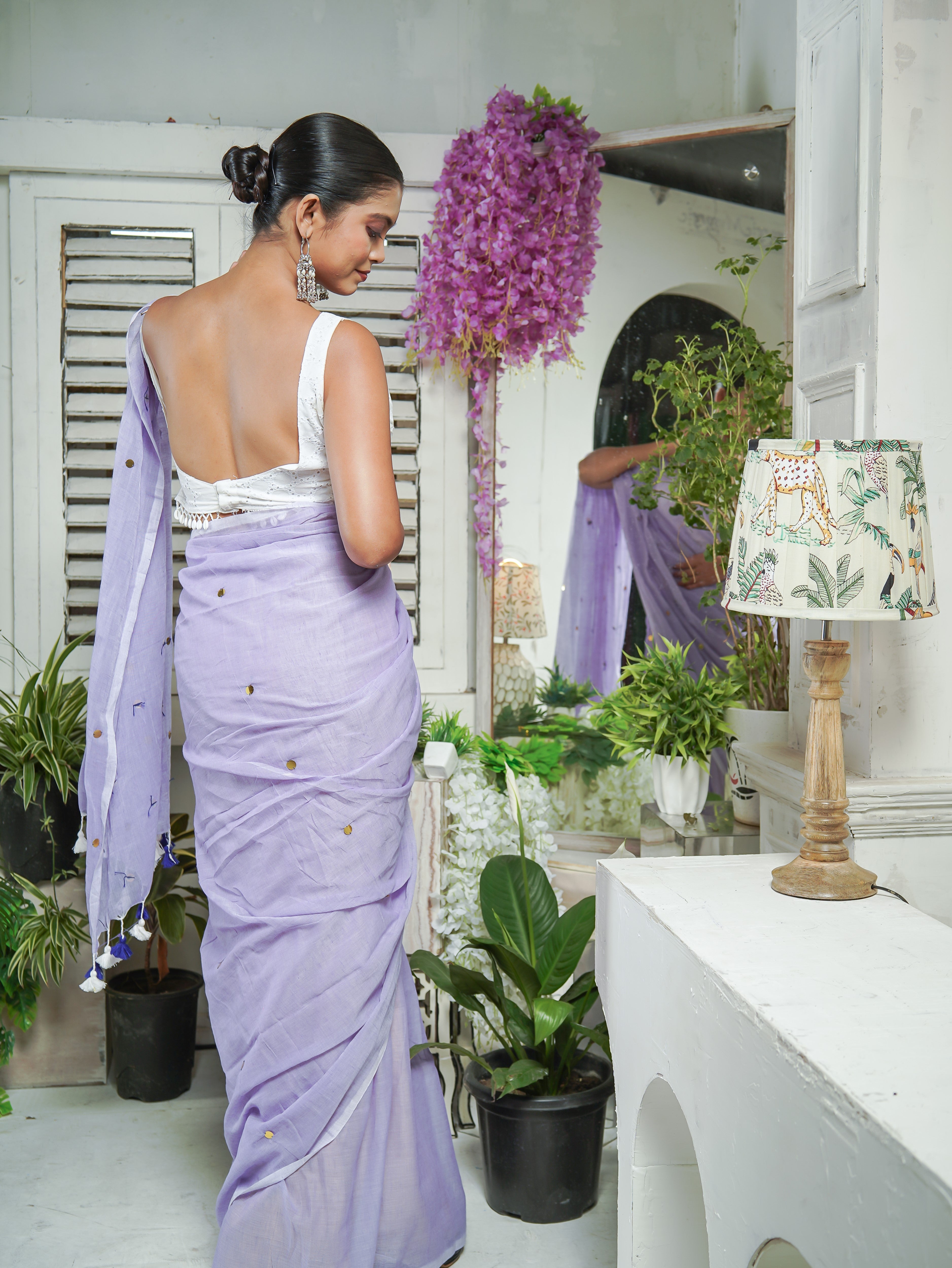 Lavender Mul Mul Cotton Saree with Ginni Work