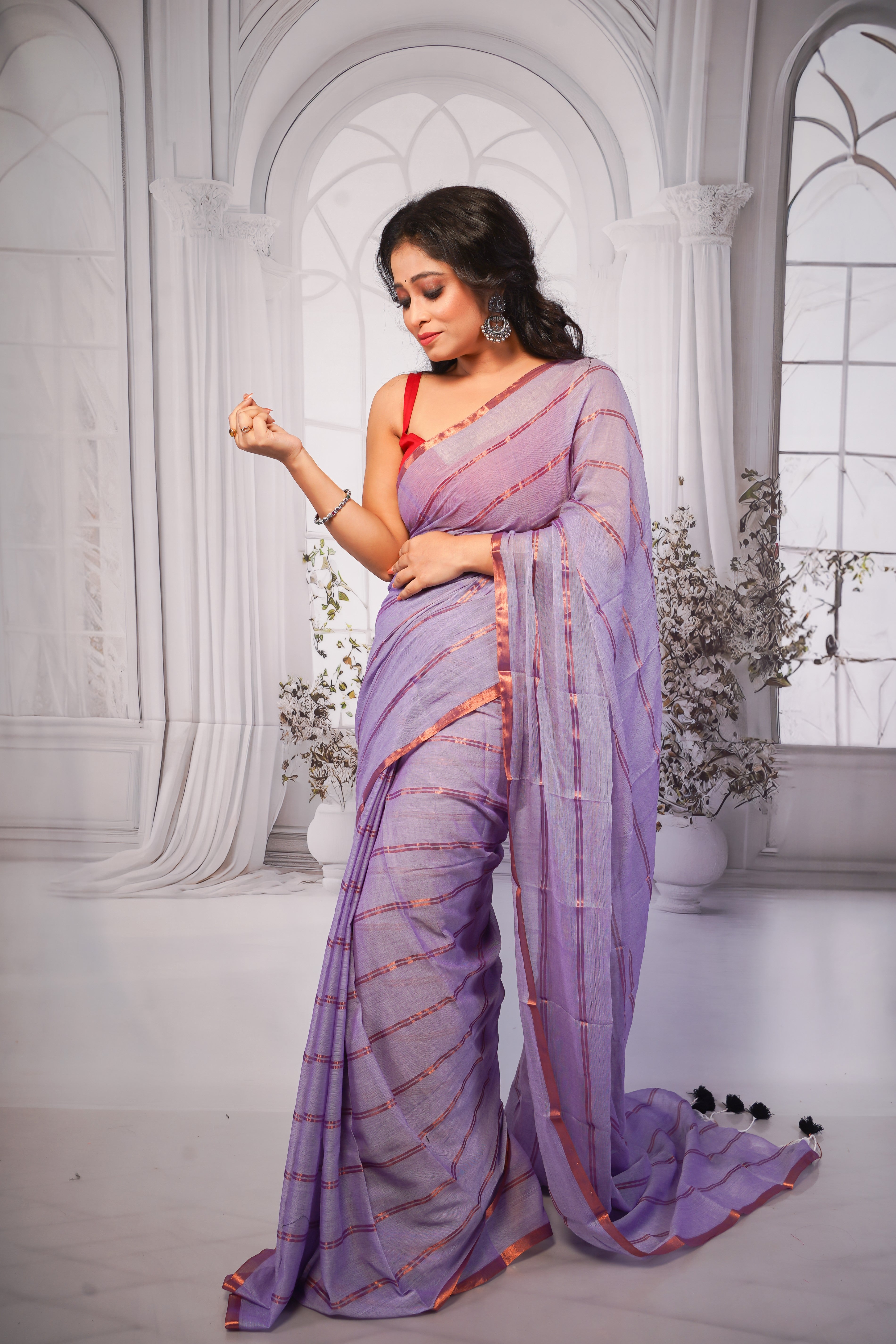 Lavender Striped Mul Mul Cotton Saree