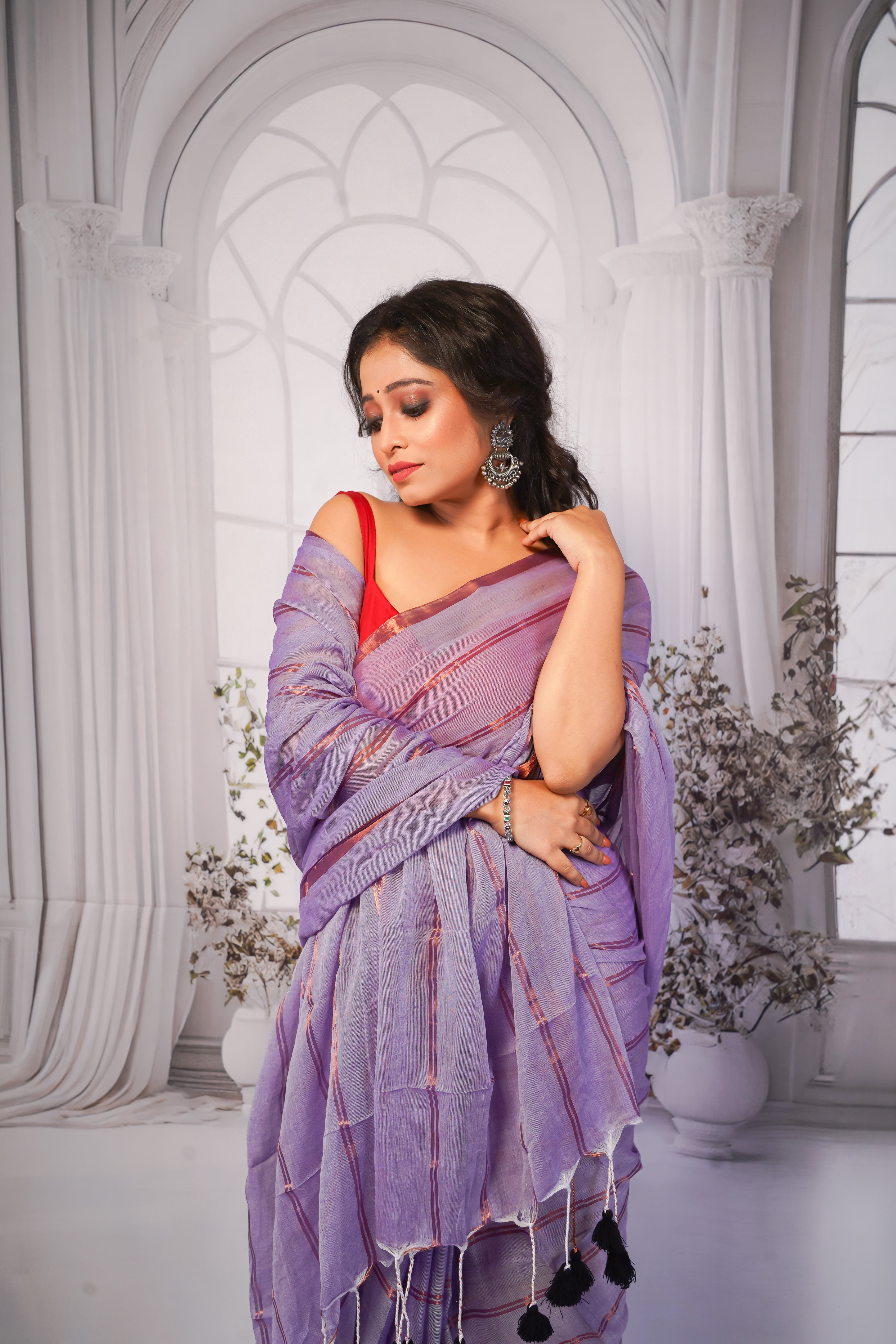 Lavender Striped Mul Mul Cotton Saree
