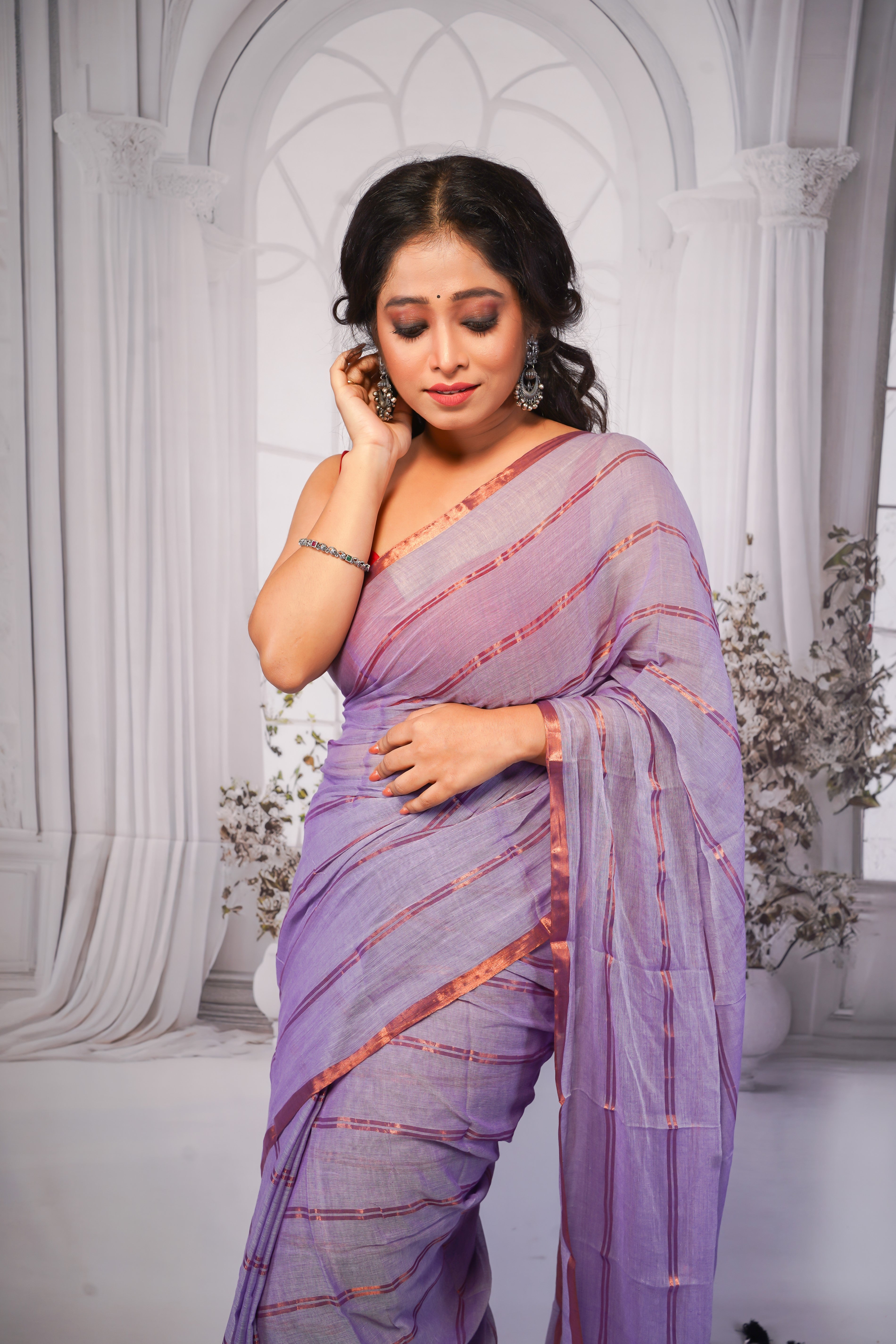 Lavender Striped Mul Mul Cotton Saree