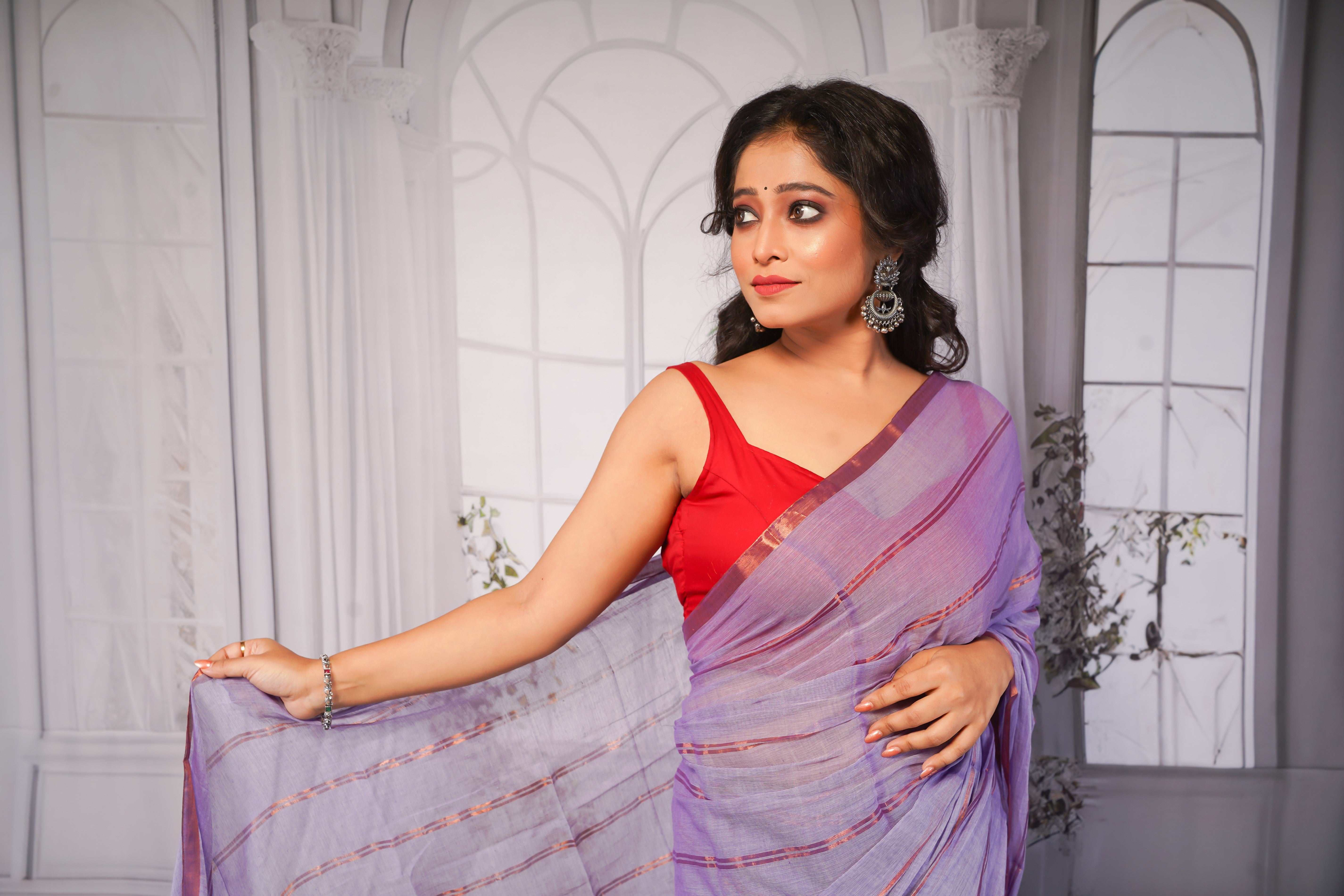 Lavender Striped Mul Mul Cotton Saree