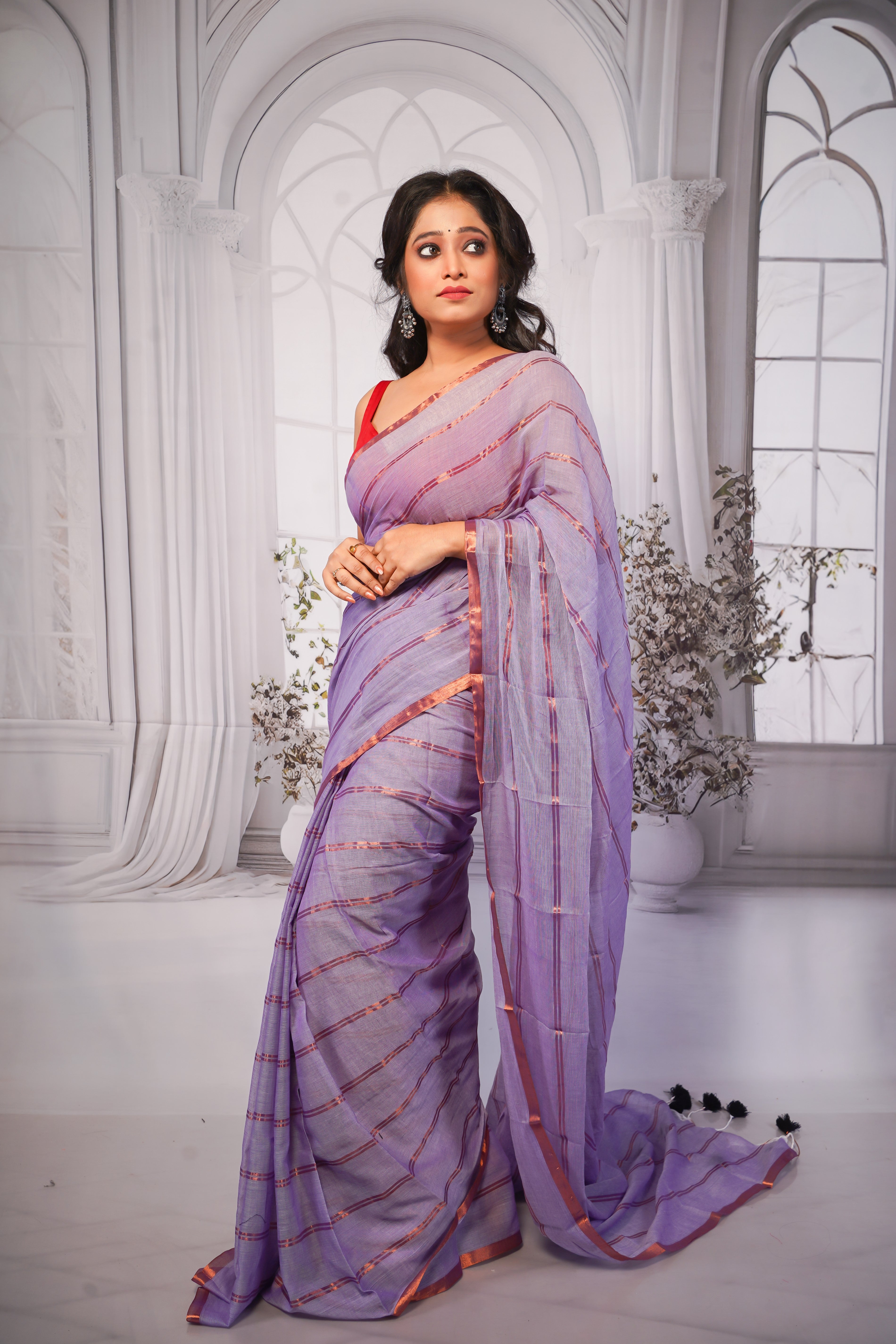 Lavender Striped Mul Mul Cotton Saree