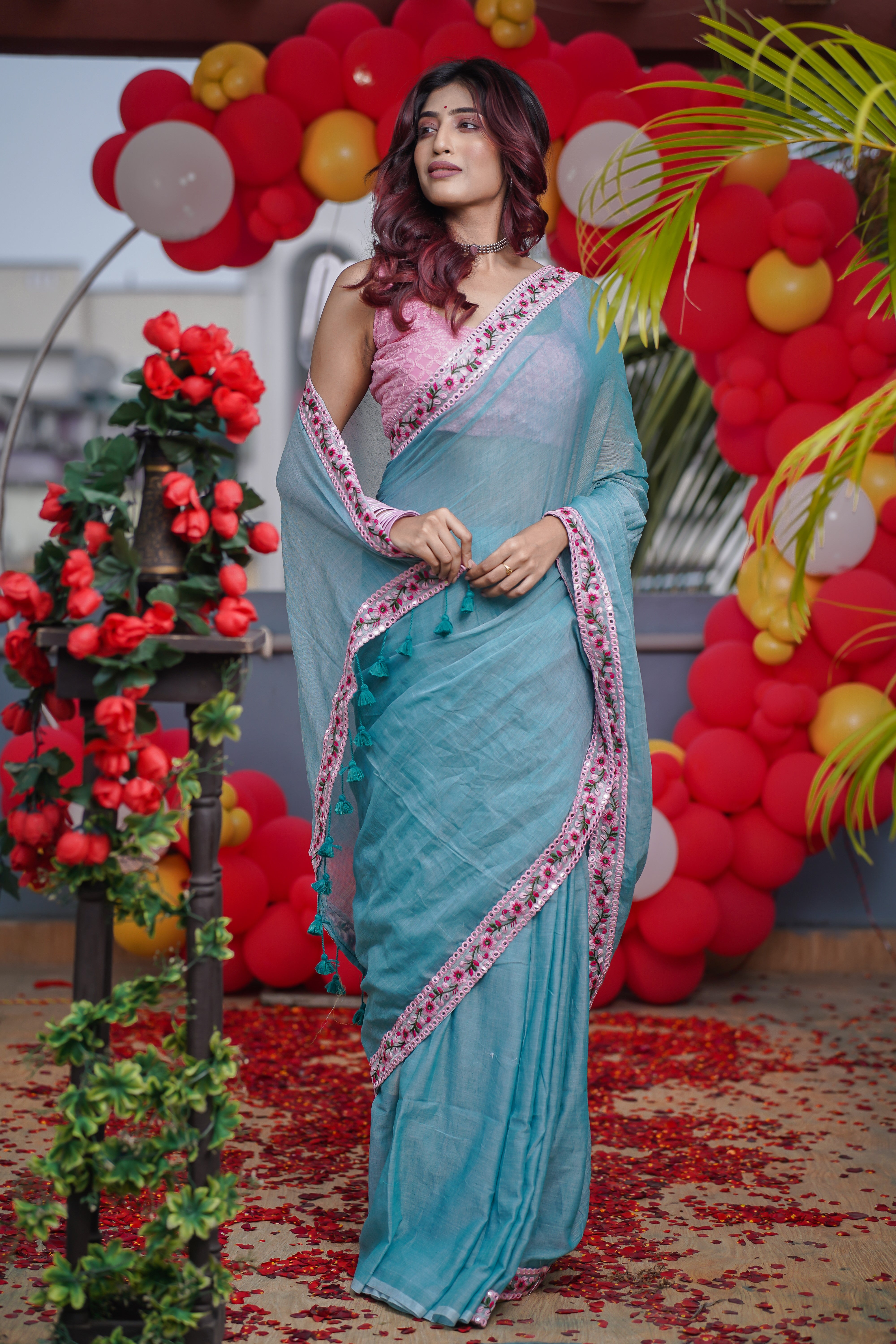 Light Blue Mulmul Cotton Saree