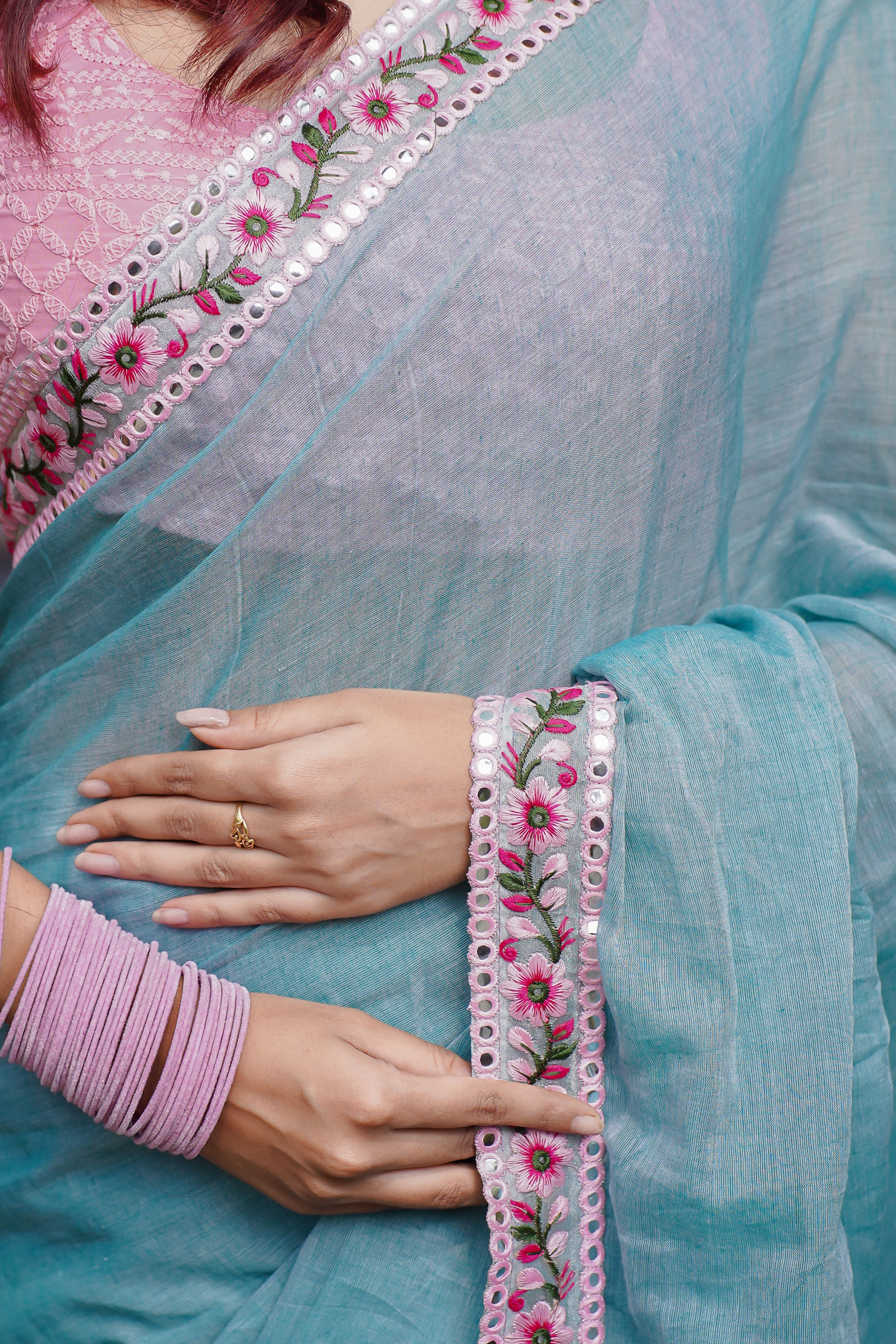 Light Blue Mulmul Cotton Saree