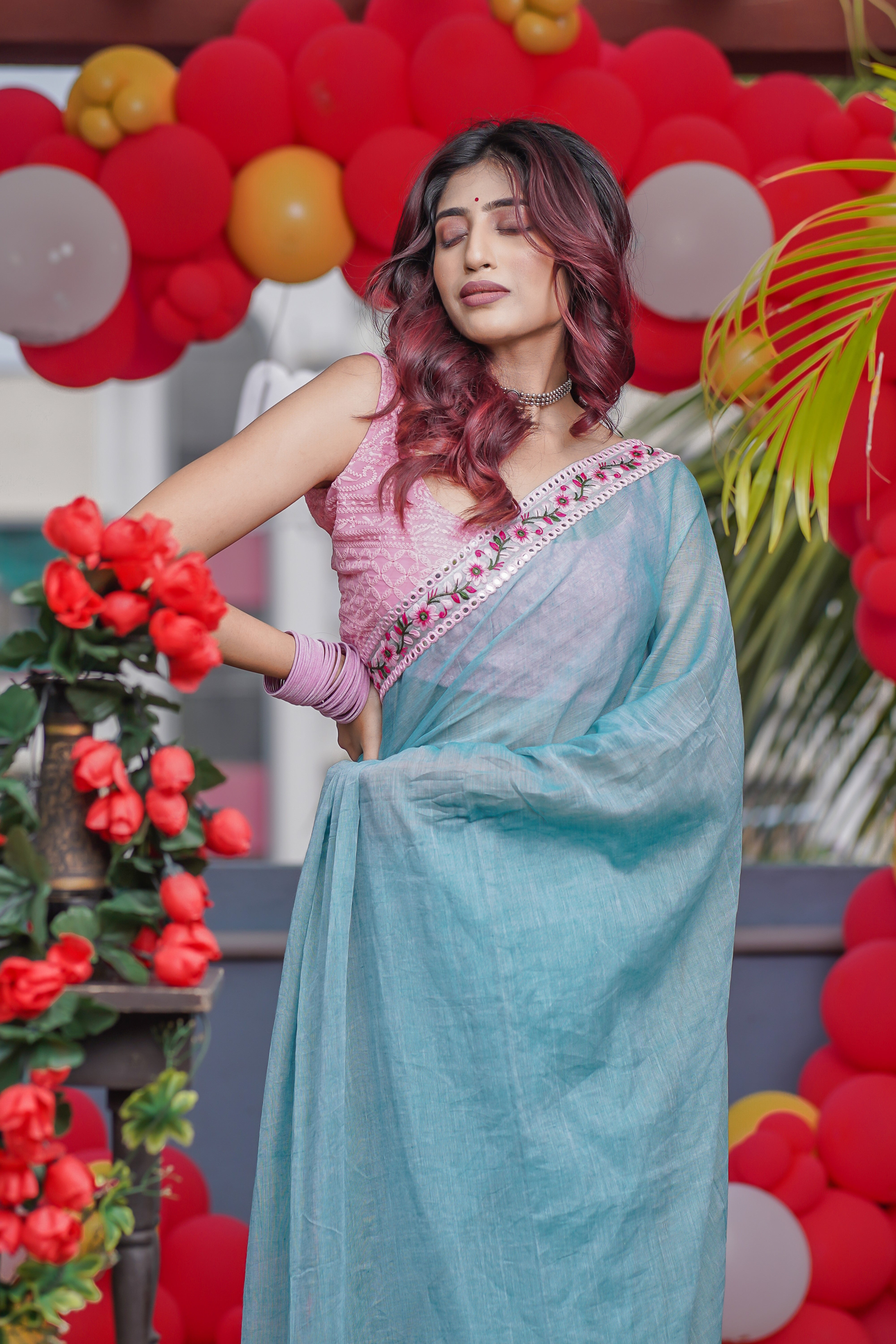 Light Blue Mulmul Cotton Saree