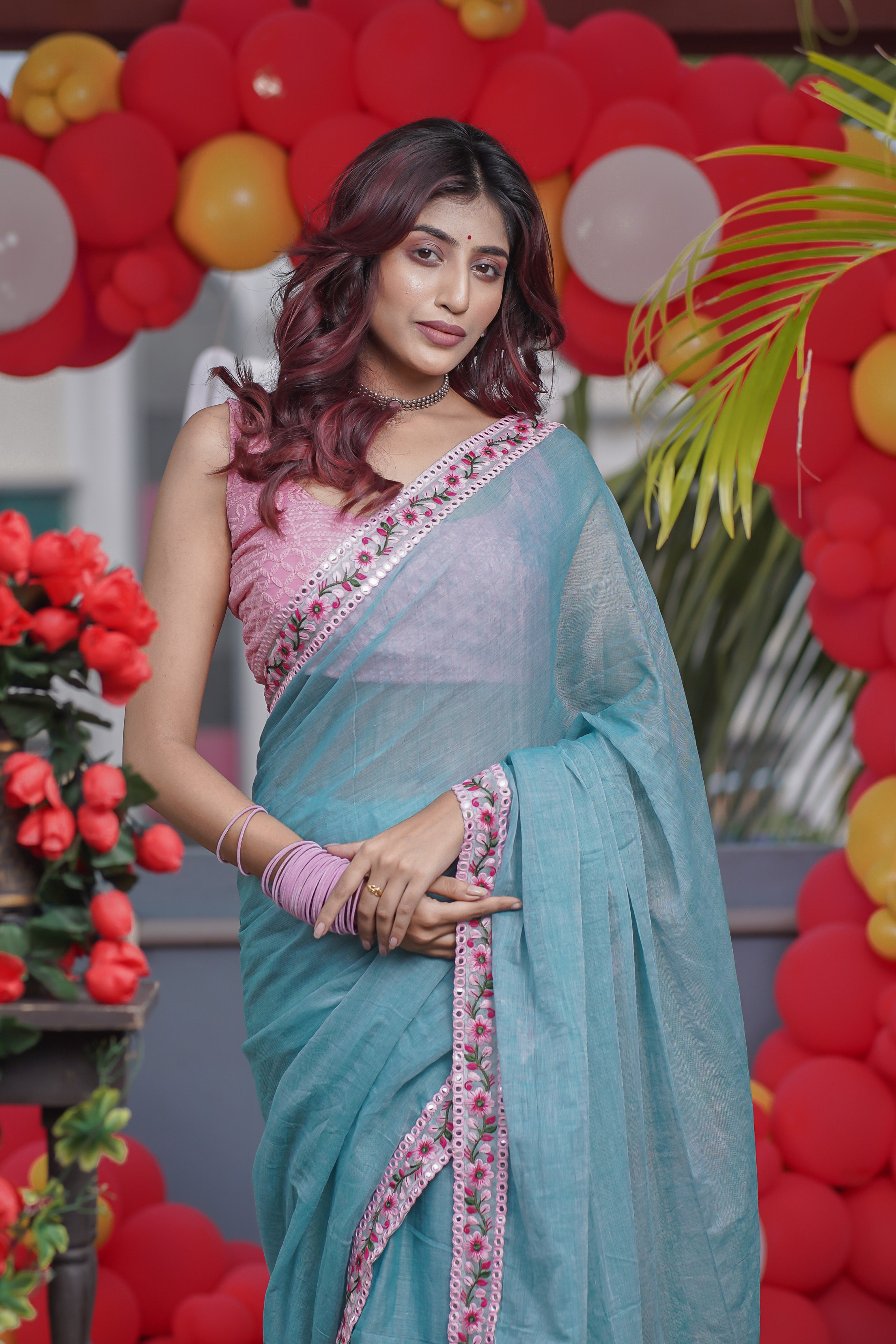 Light Blue Mulmul Cotton Saree