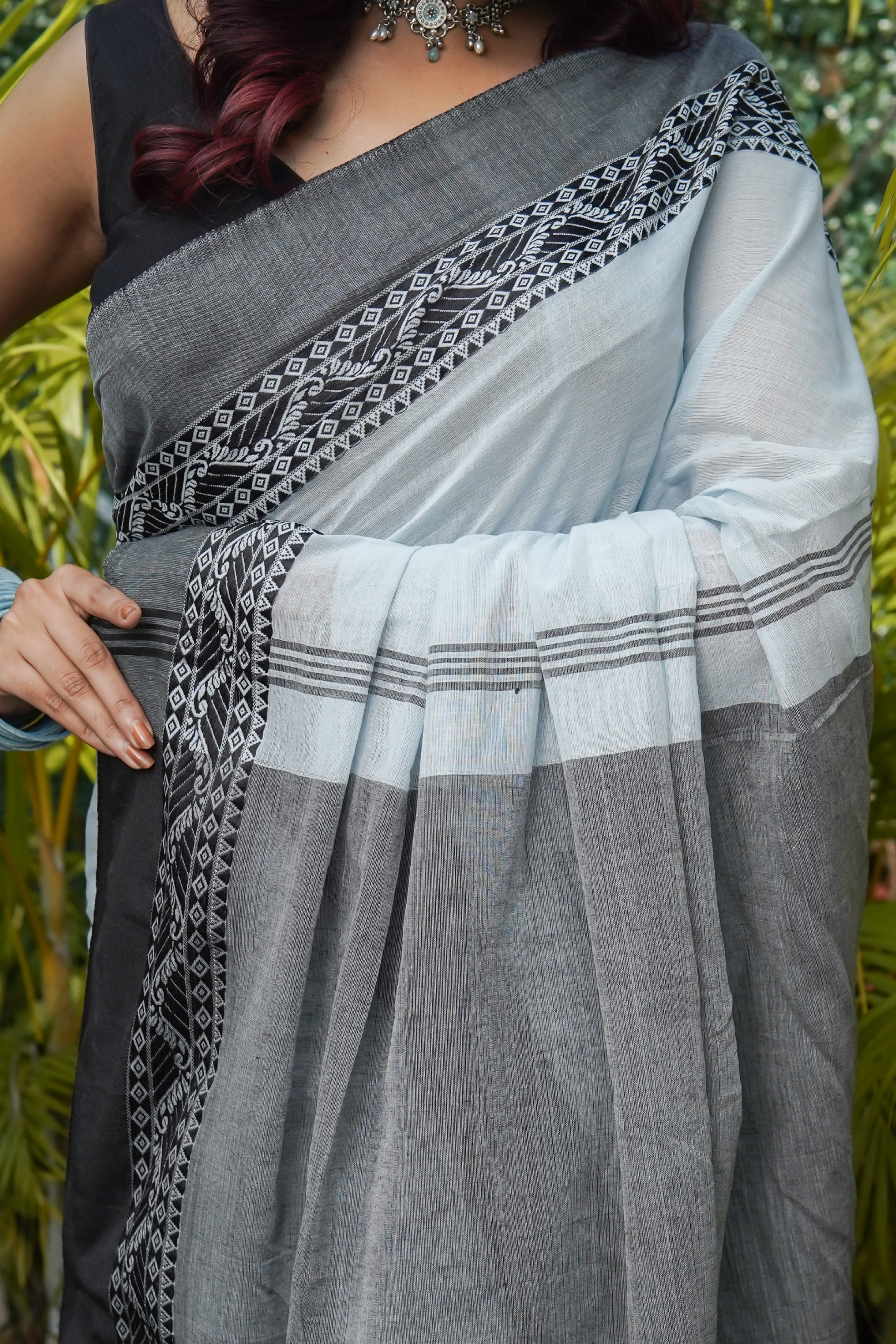 Light Blue & Black Mul Mul Cotton Saree