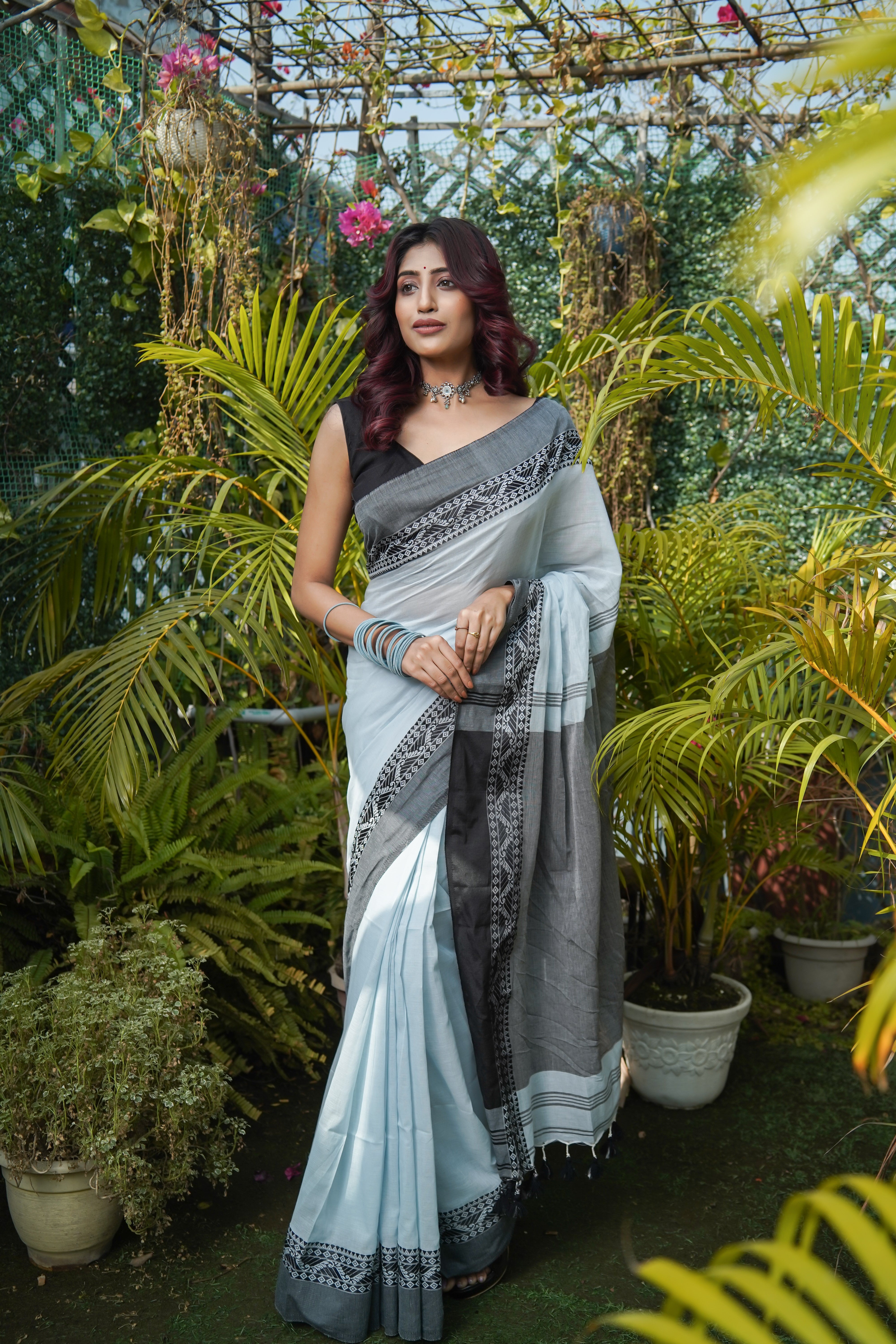 Light Blue & Black Mul Mul Cotton Saree