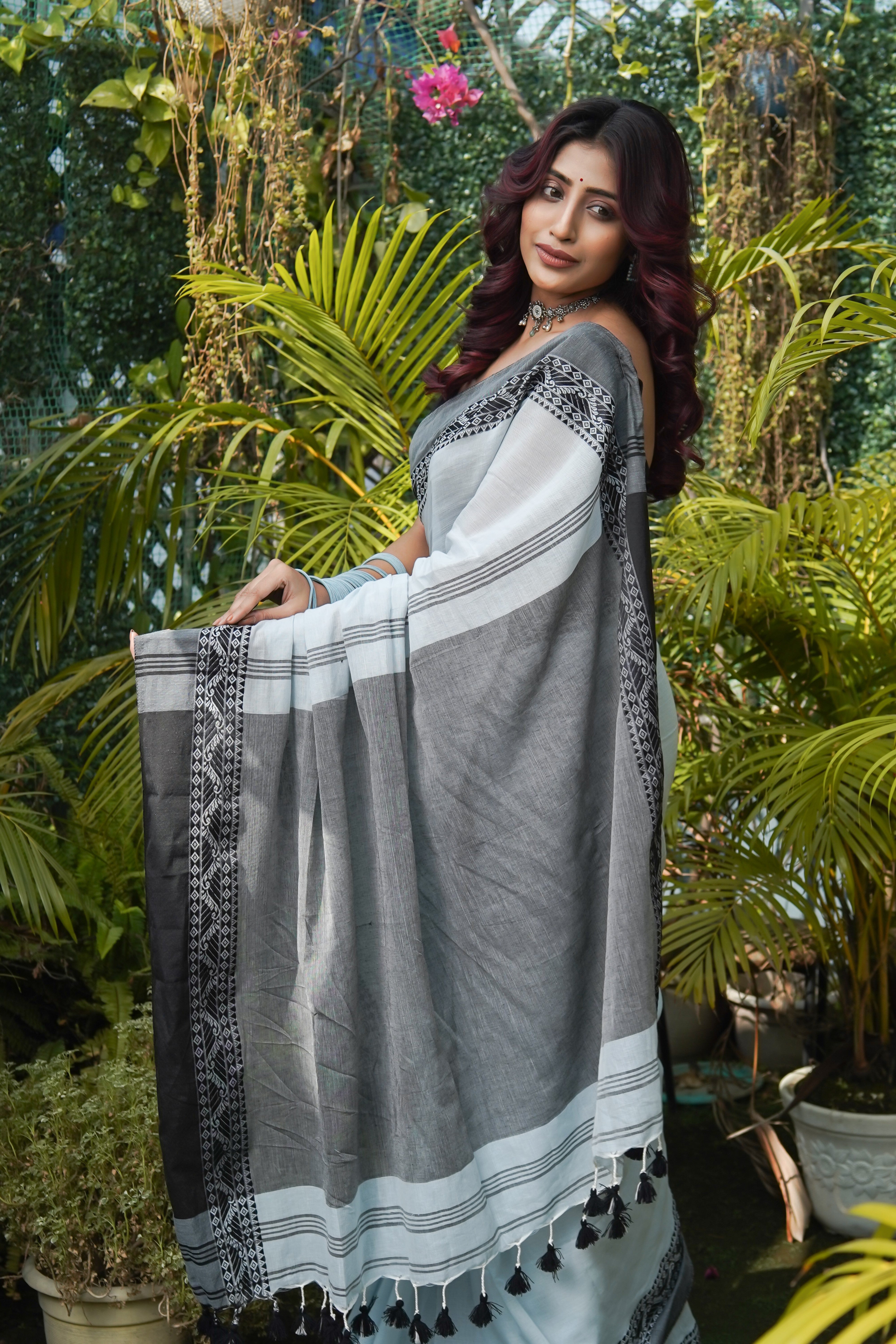 Light Blue & Black Mul Mul Cotton Saree