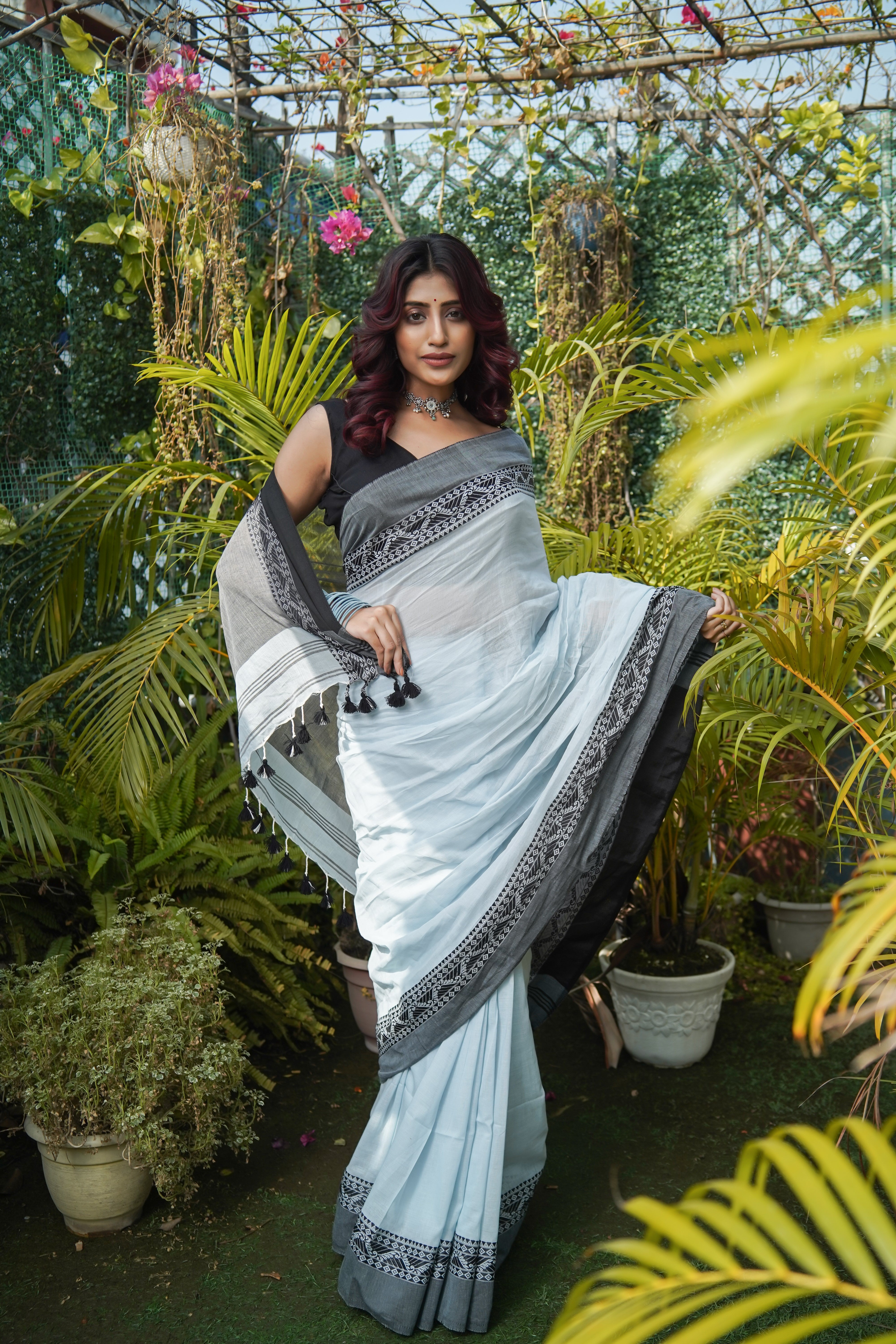 Light Blue & Black Mul Mul Cotton Saree