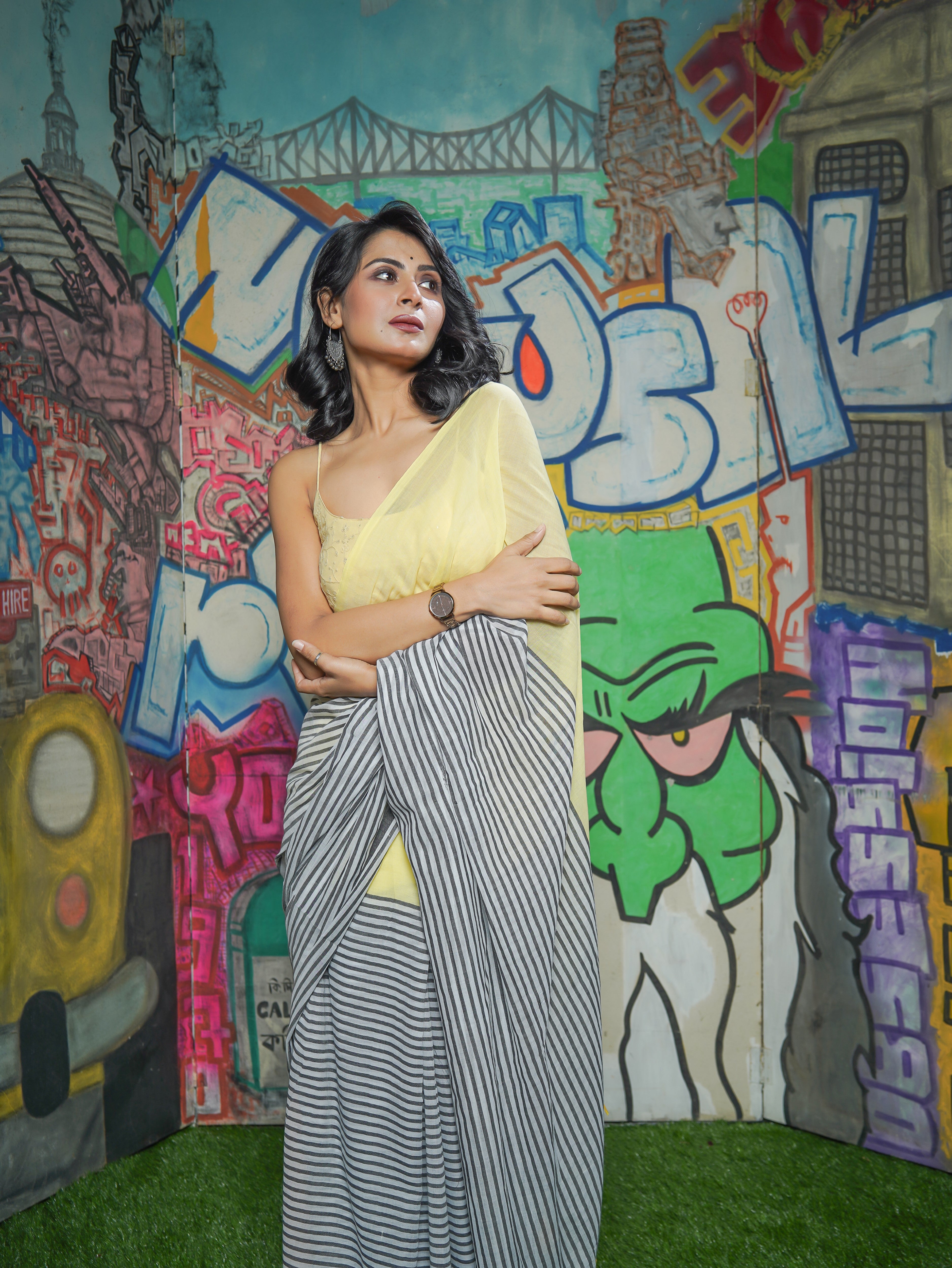 Light Yellow Half-half Check Mul Cotton Saree
