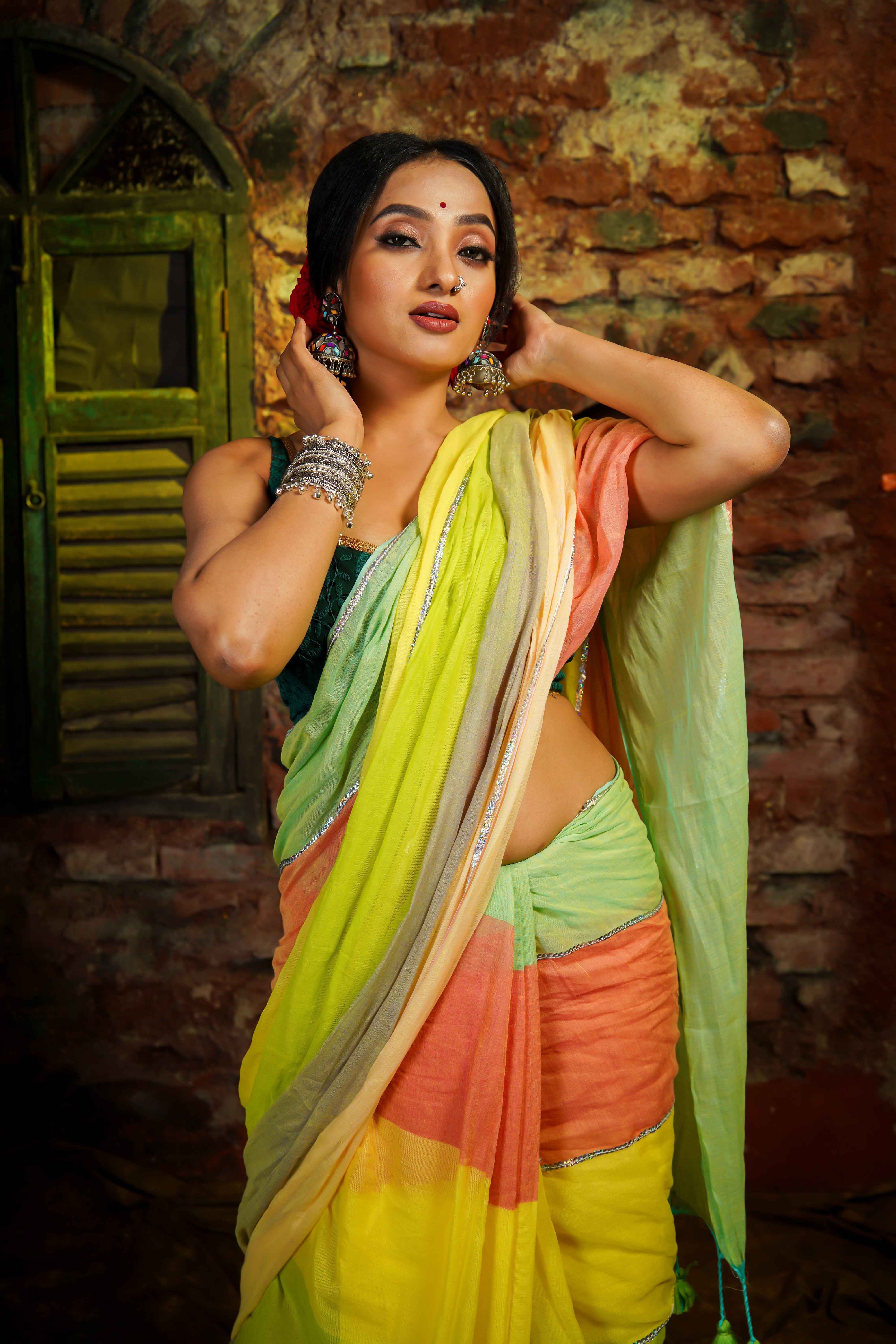 Lime Green Mul Mul Cotton Saree with Multi Rainbow Sequence Work