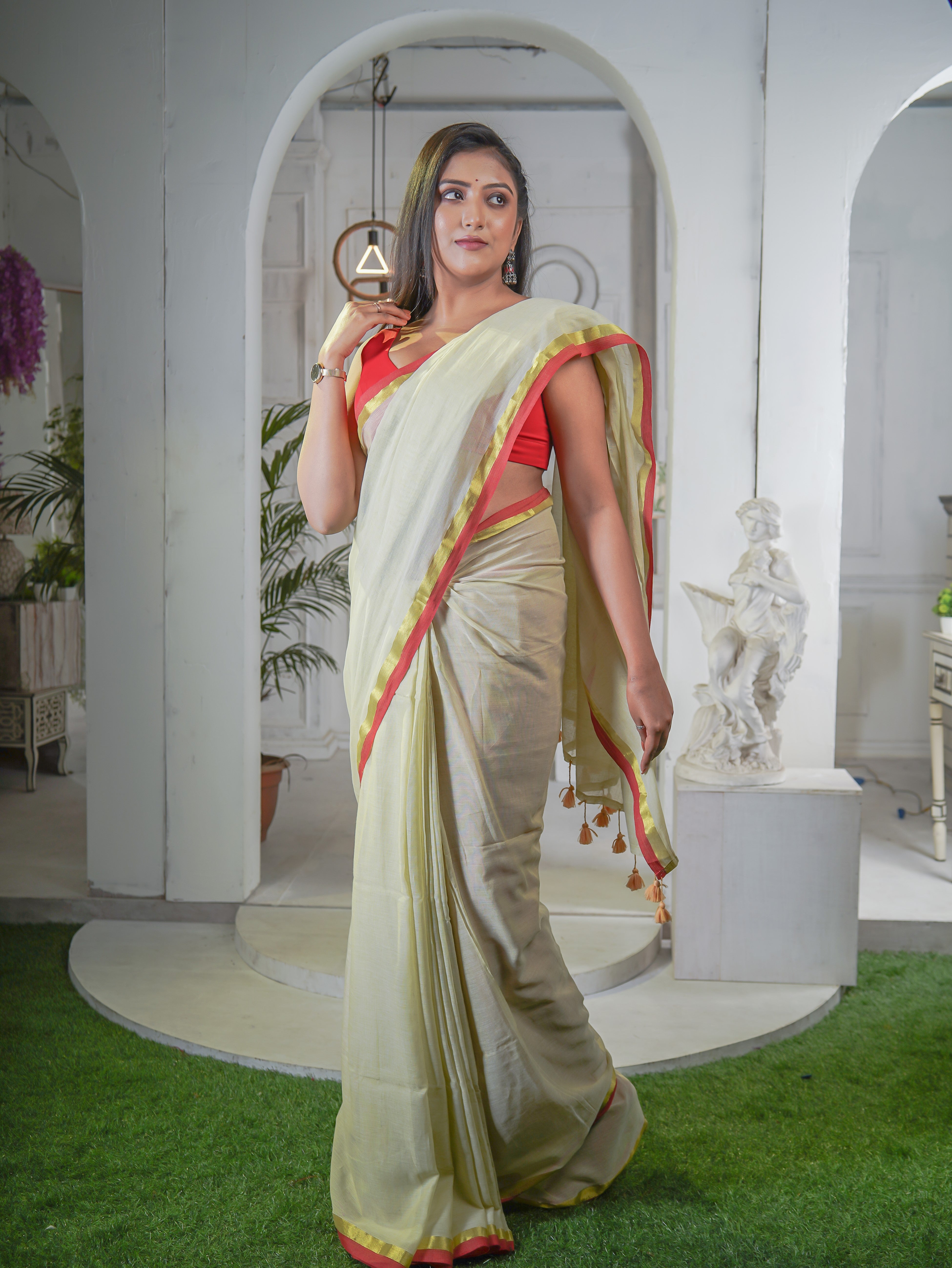 Lime Yellow Mul Mul Cotton Saree With Red Golden Border
