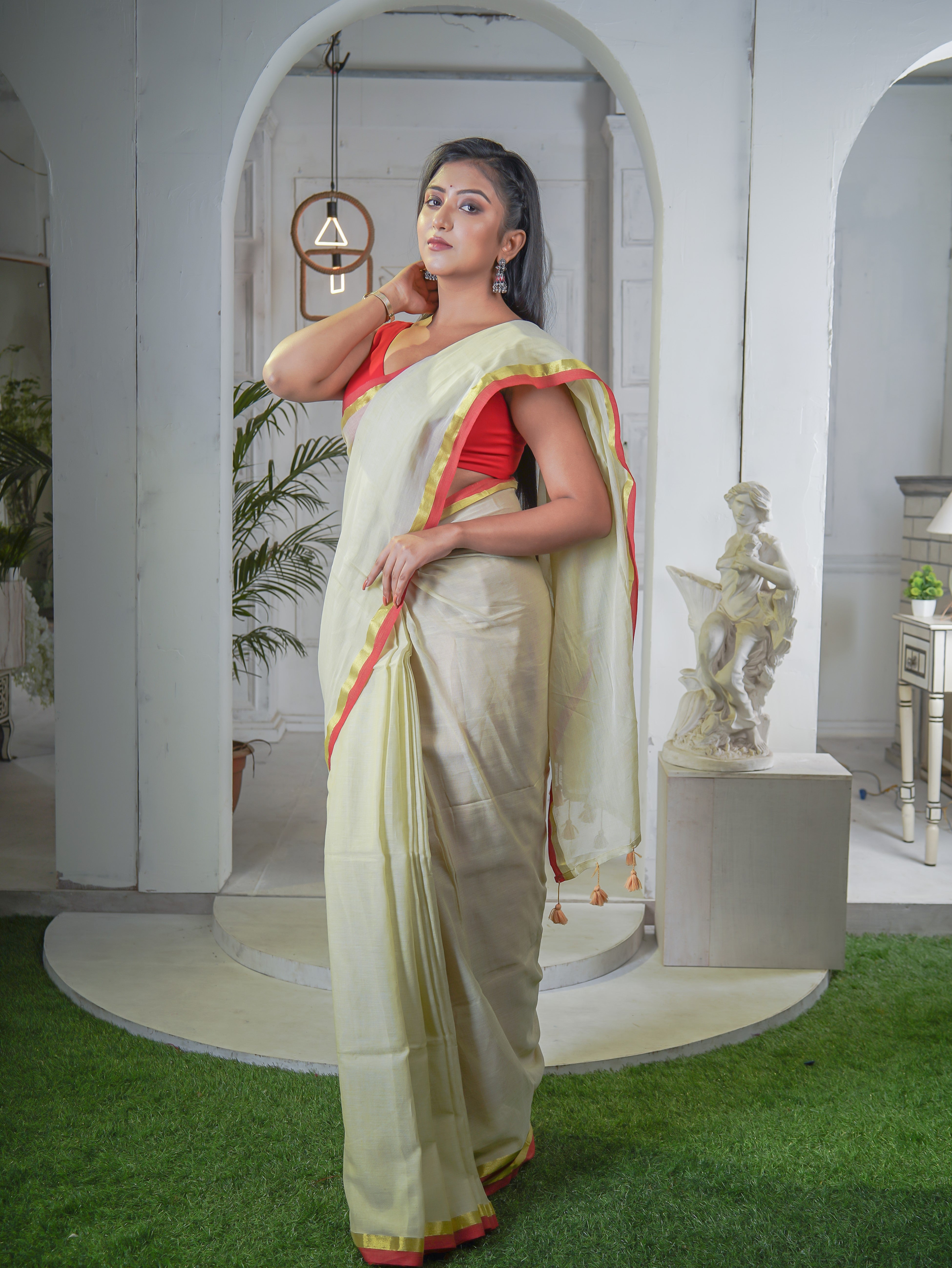 Lime Yellow Mul Mul Cotton Saree With Red Golden Border