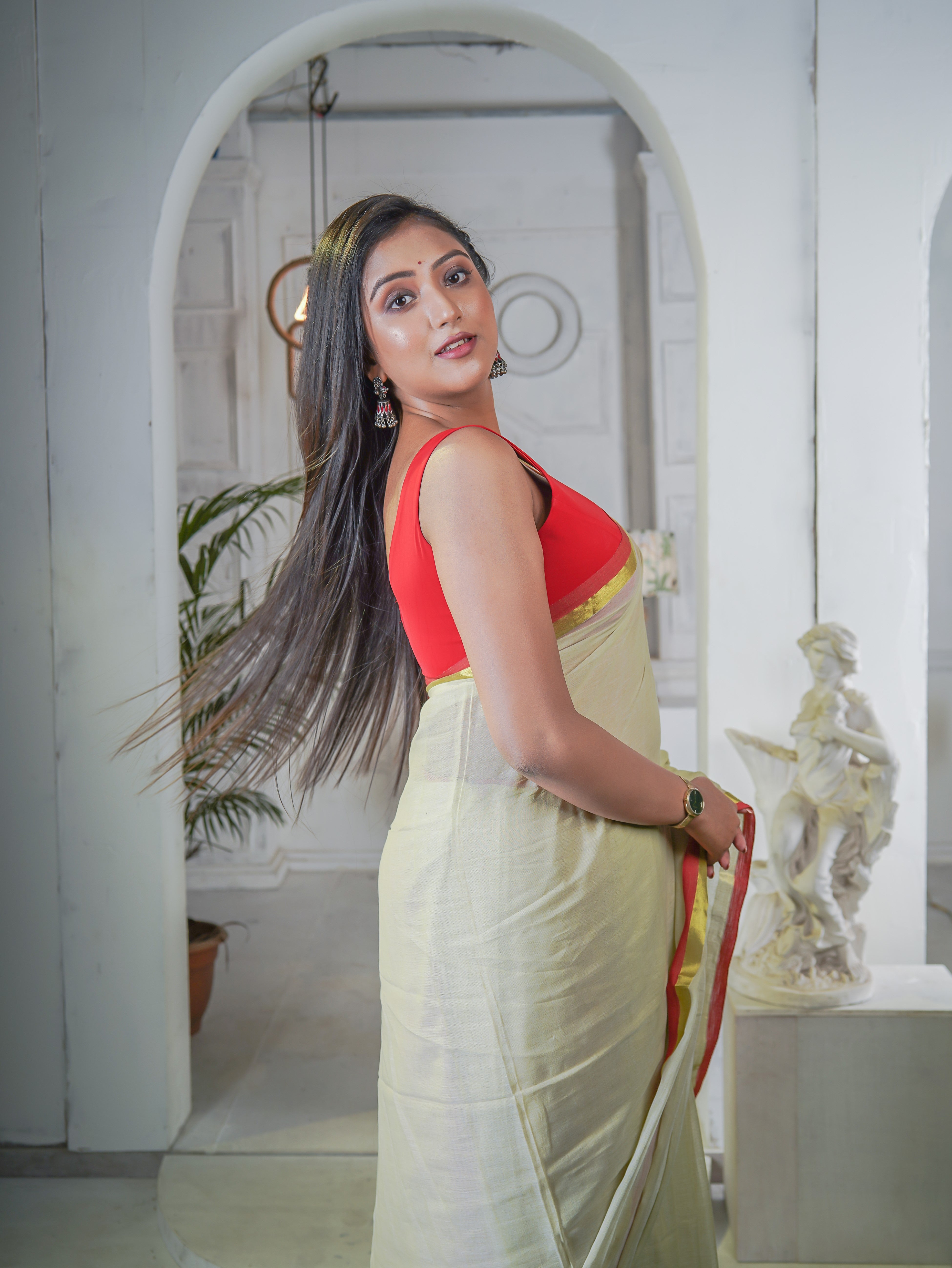 Lime Yellow Mul Mul Cotton Saree With Red Golden Border