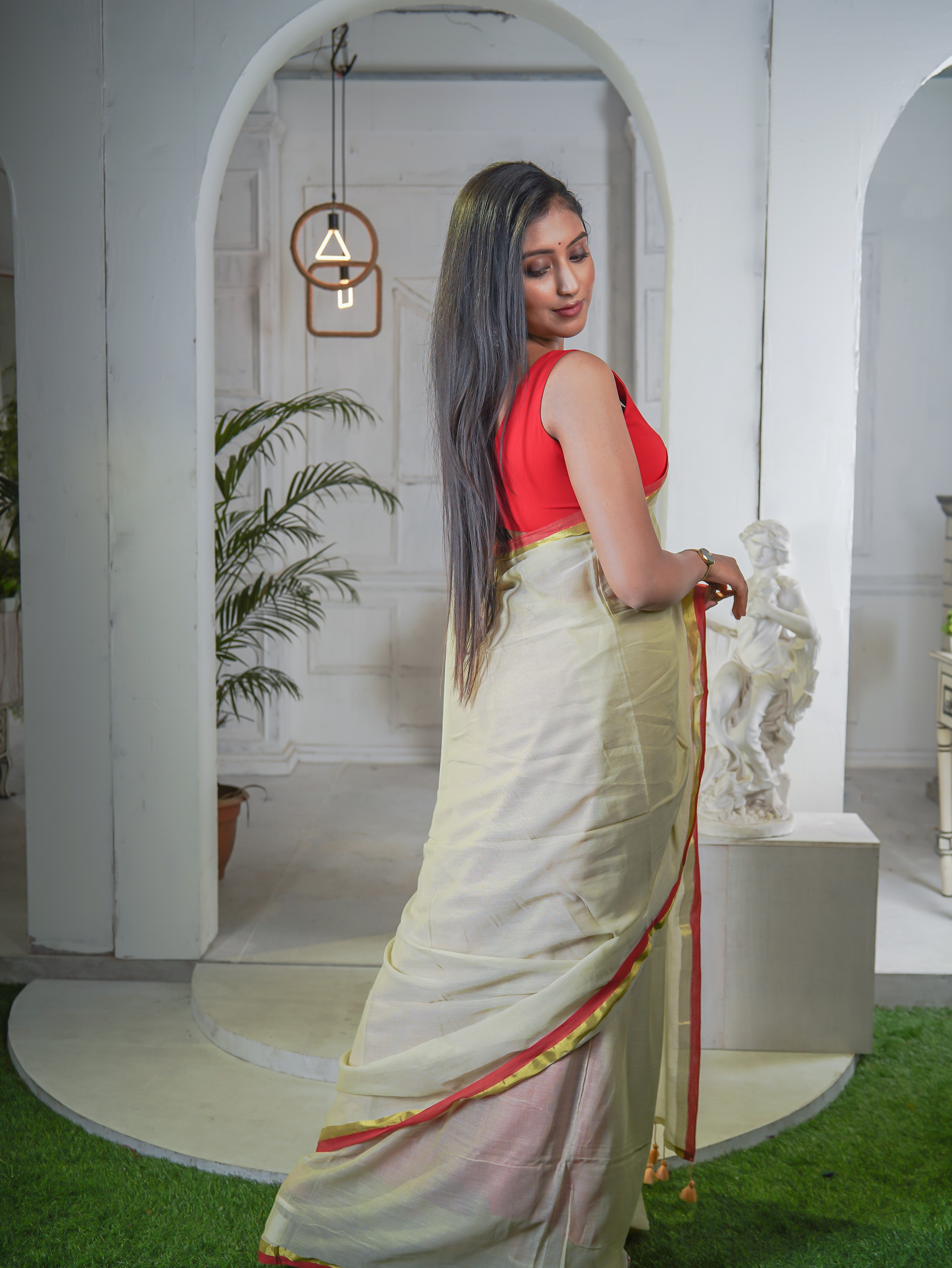 Lime Yellow Mul Mul Cotton Saree With Red Golden Border