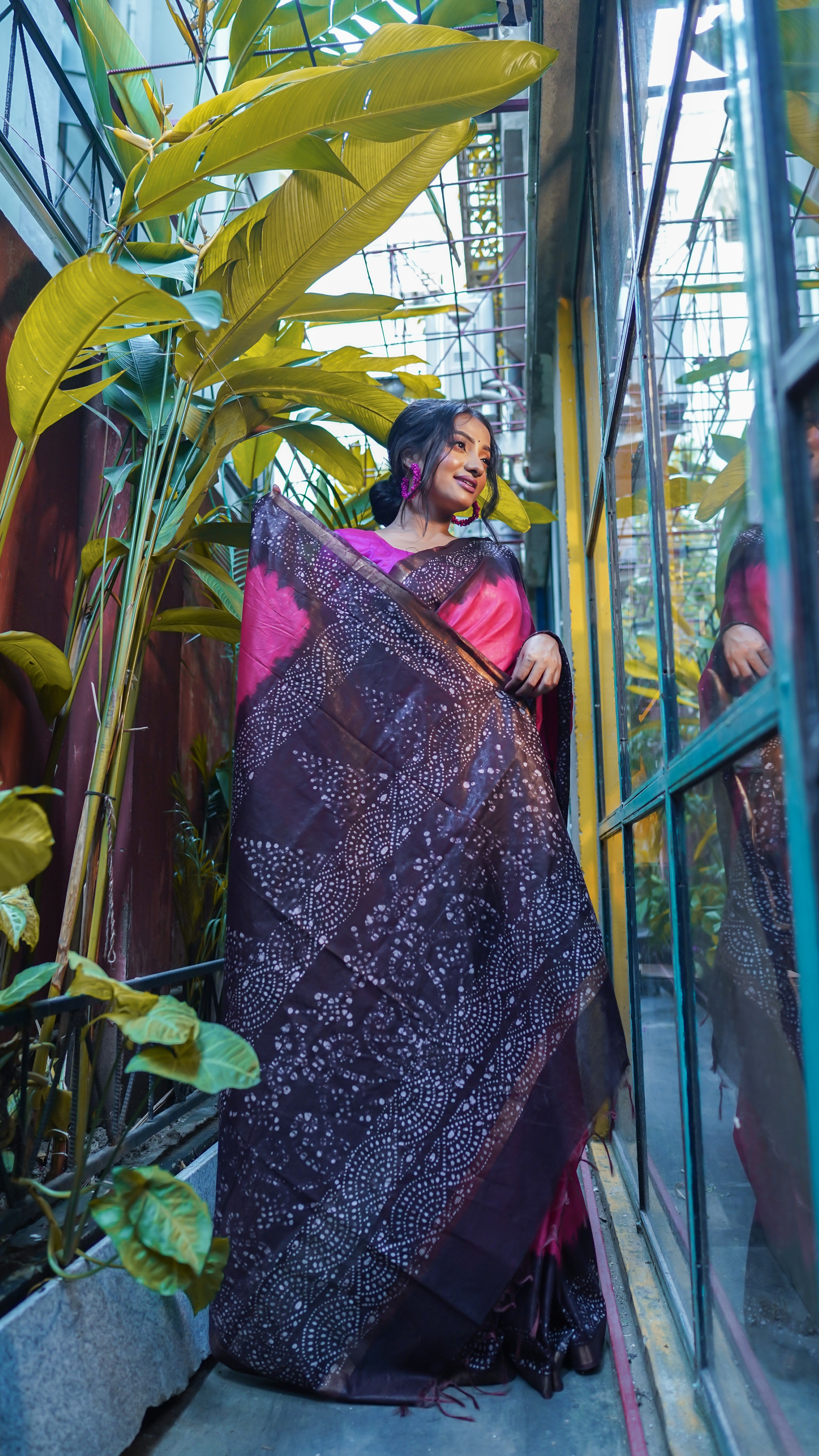 Magenta Bandhani Hand Block Pure Chanderi Silk Saree