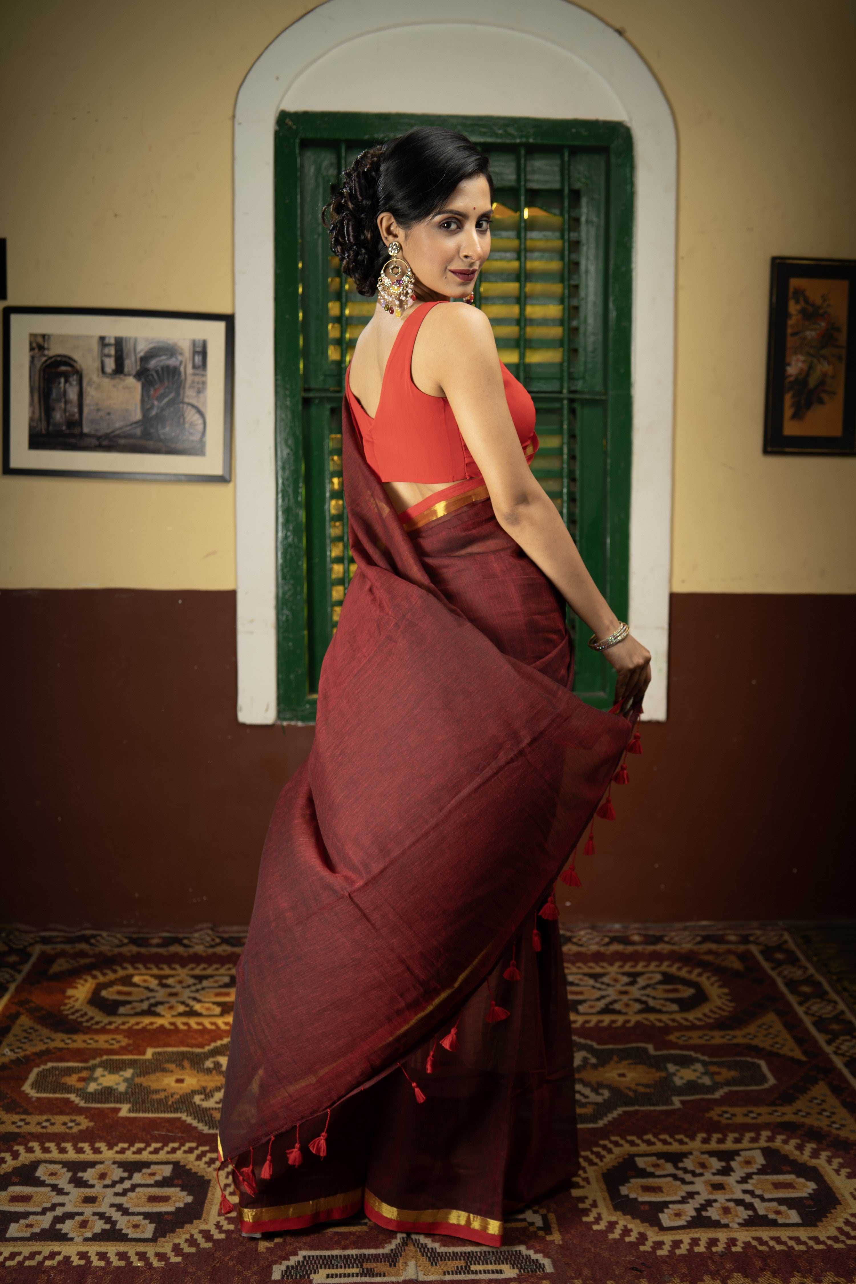 Maroon Mul Mul Cotton Saree With Red Golden Border