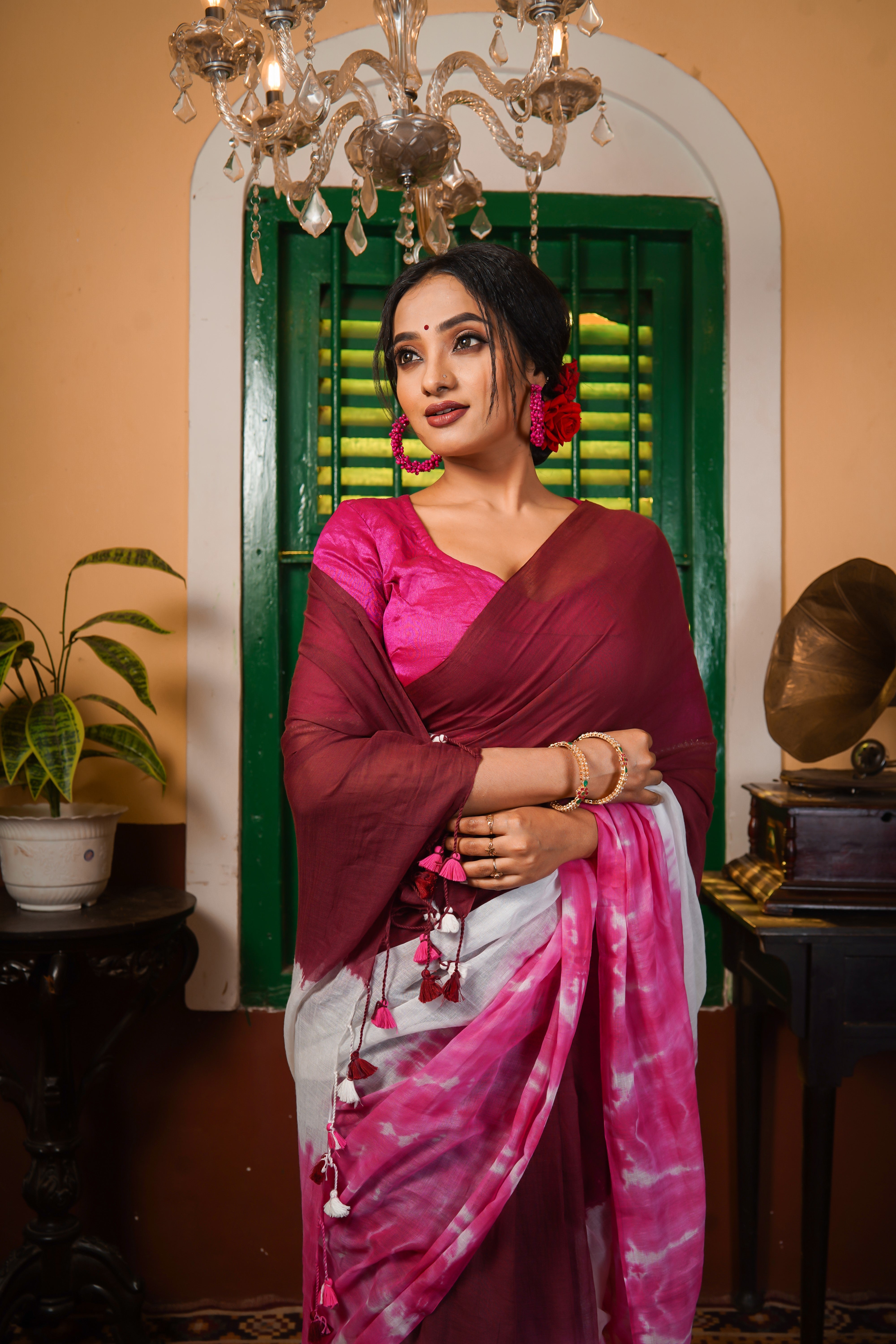 Maroon Multi Shibori Mul Mul Cotton Saree