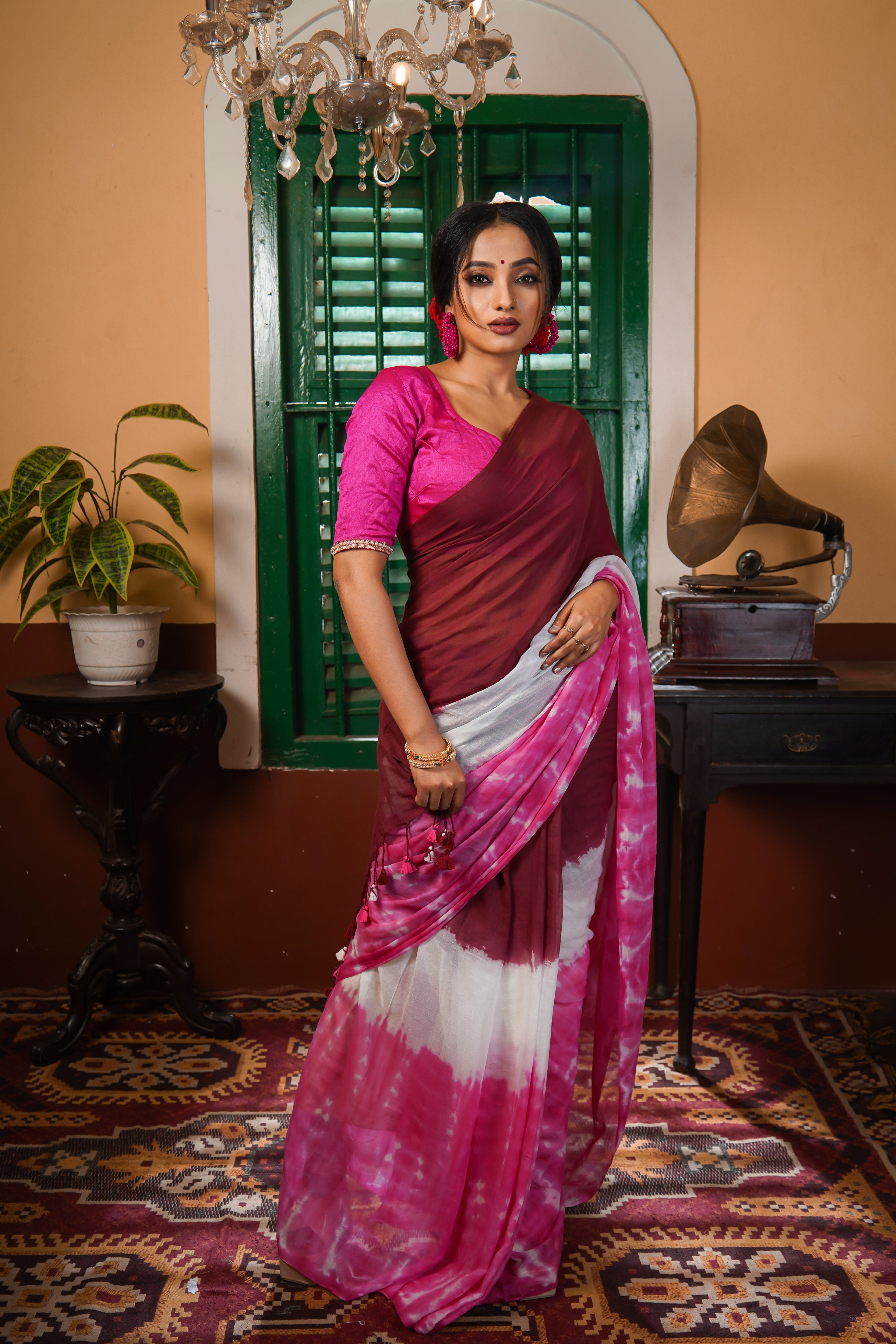 Maroon Multi Shibori Mul Mul Cotton Saree