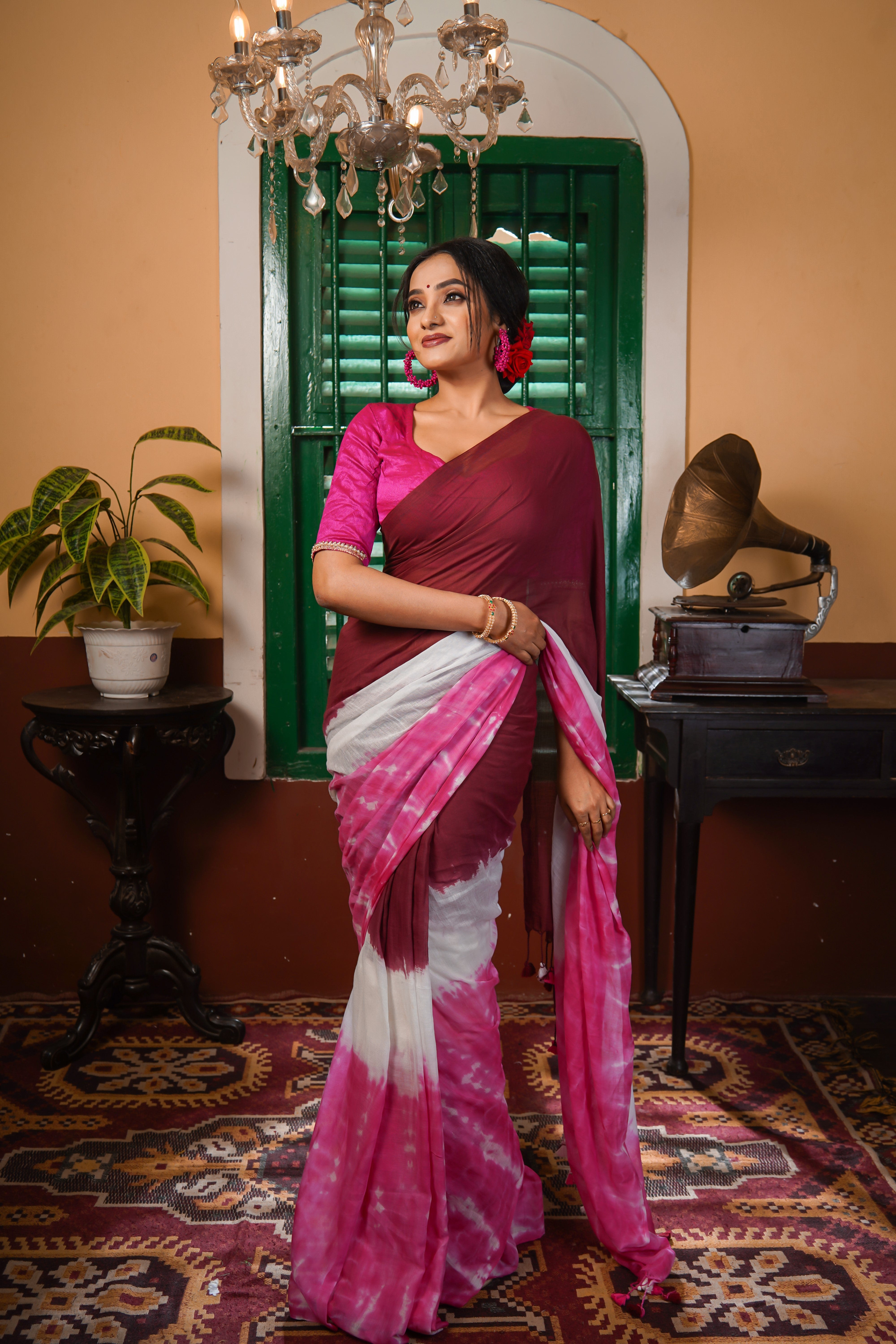 Maroon Multi Shibori Mul Mul Cotton Saree