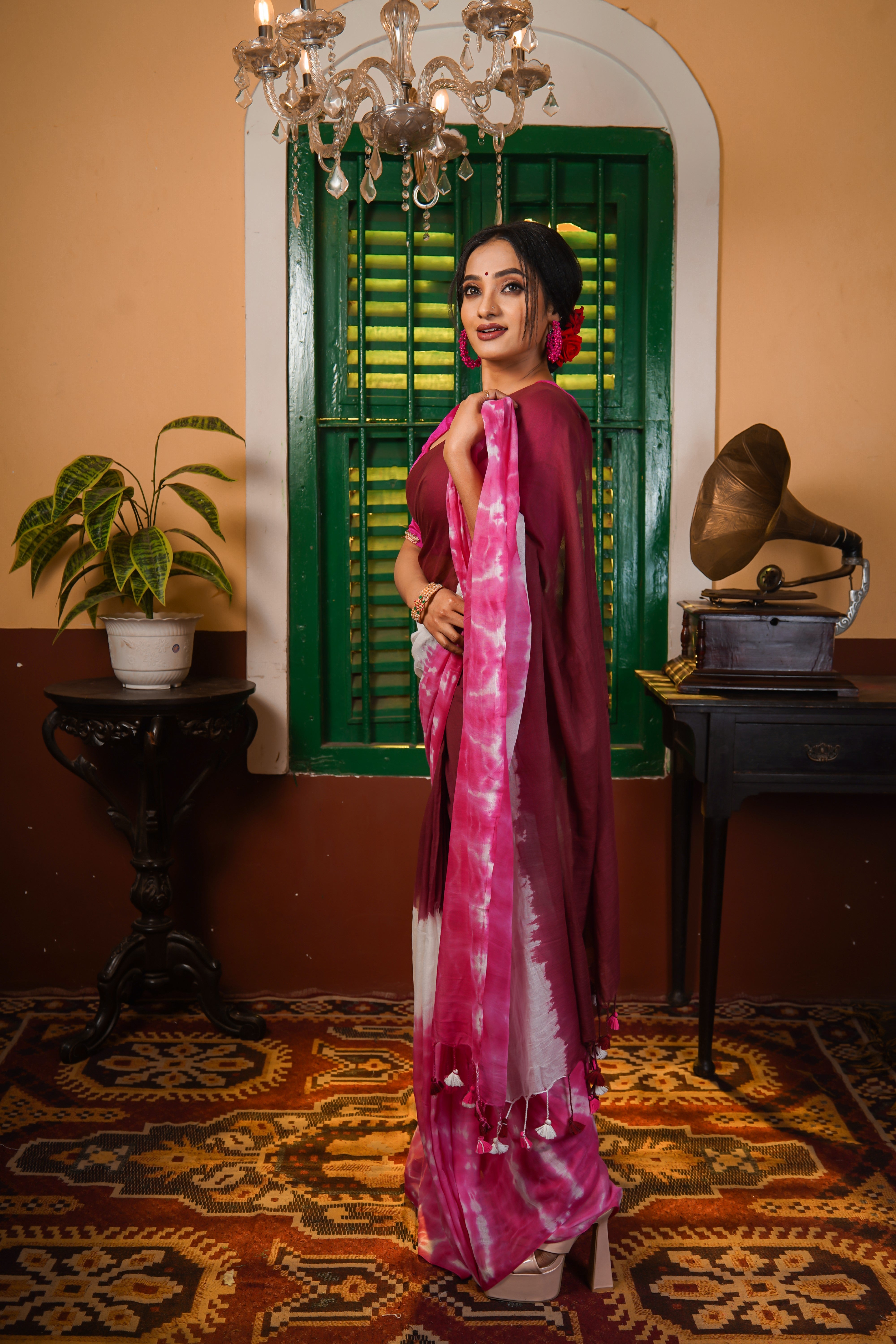 Maroon Multi Shibori Mul Mul Cotton Saree