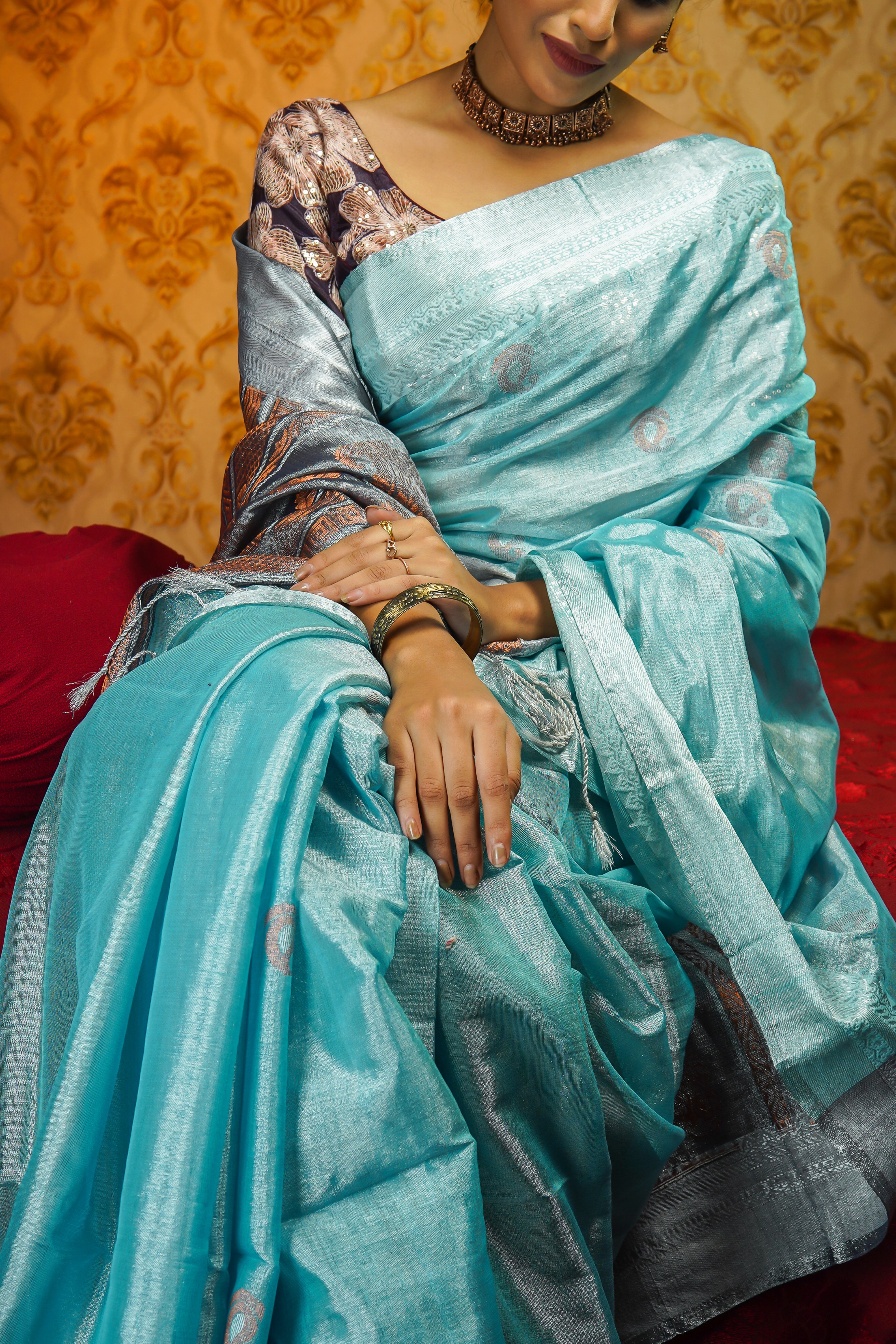 Metallic Cadet Blue Pure Tissue Linen Hand Woven Jamdani Saree