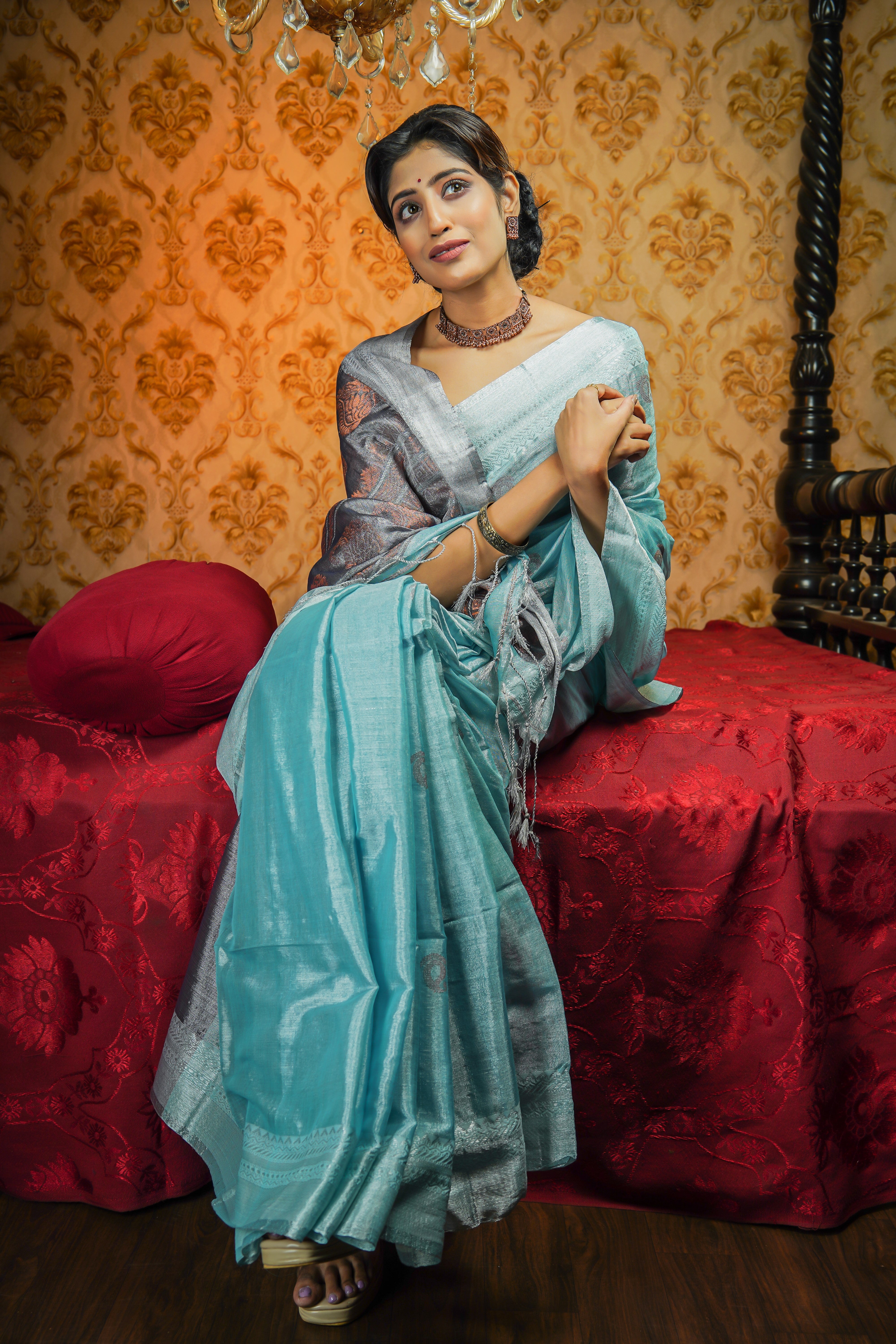 Metallic Cadet Blue Pure Tissue Linen Hand Woven Jamdani Saree