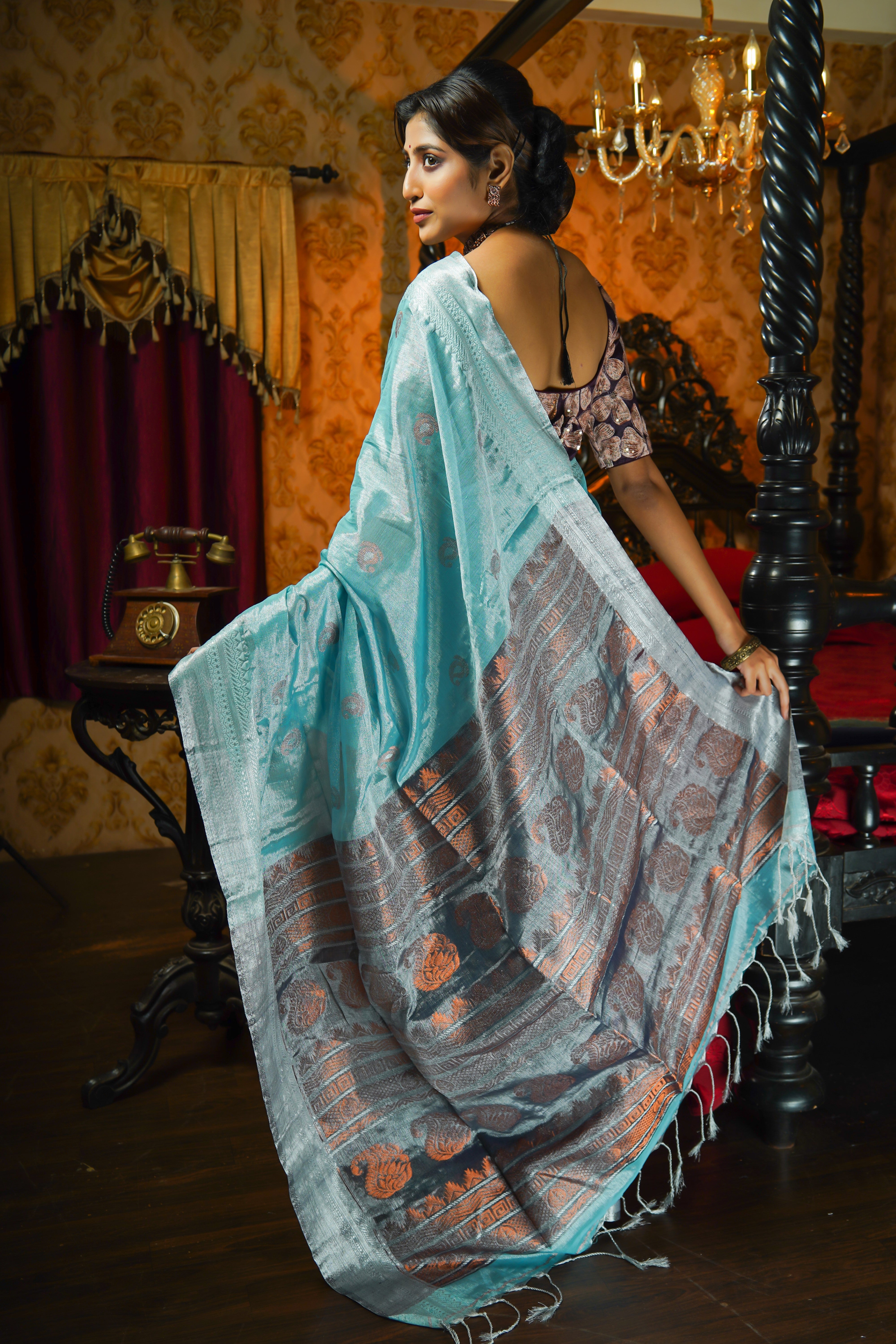 Metallic Cadet Blue Pure Tissue Linen Hand Woven Jamdani Saree