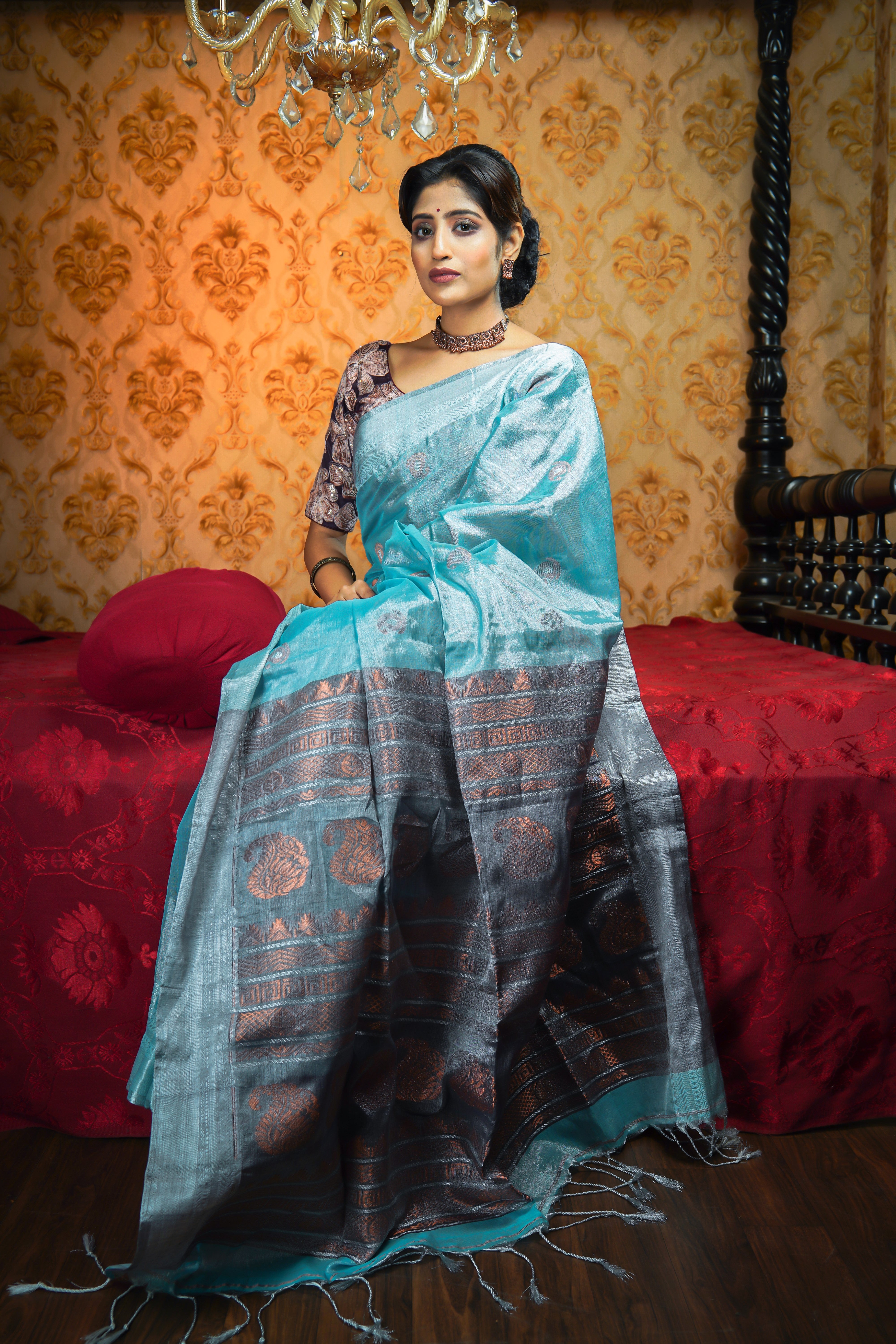 Metallic Cadet Blue Pure Tissue Linen Hand Woven Jamdani Saree