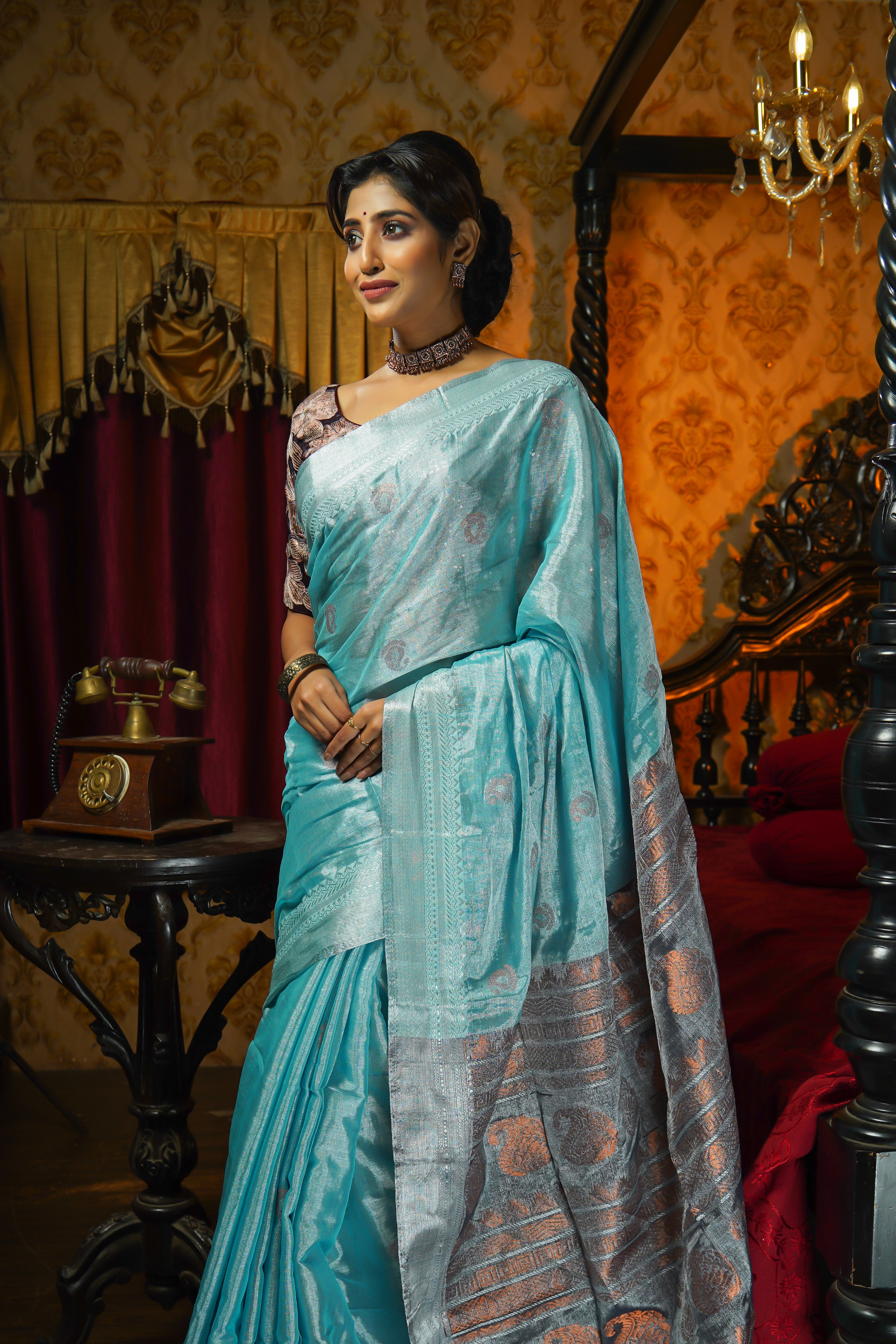 Metallic Cadet Blue Pure Tissue Linen Hand Woven Jamdani Saree