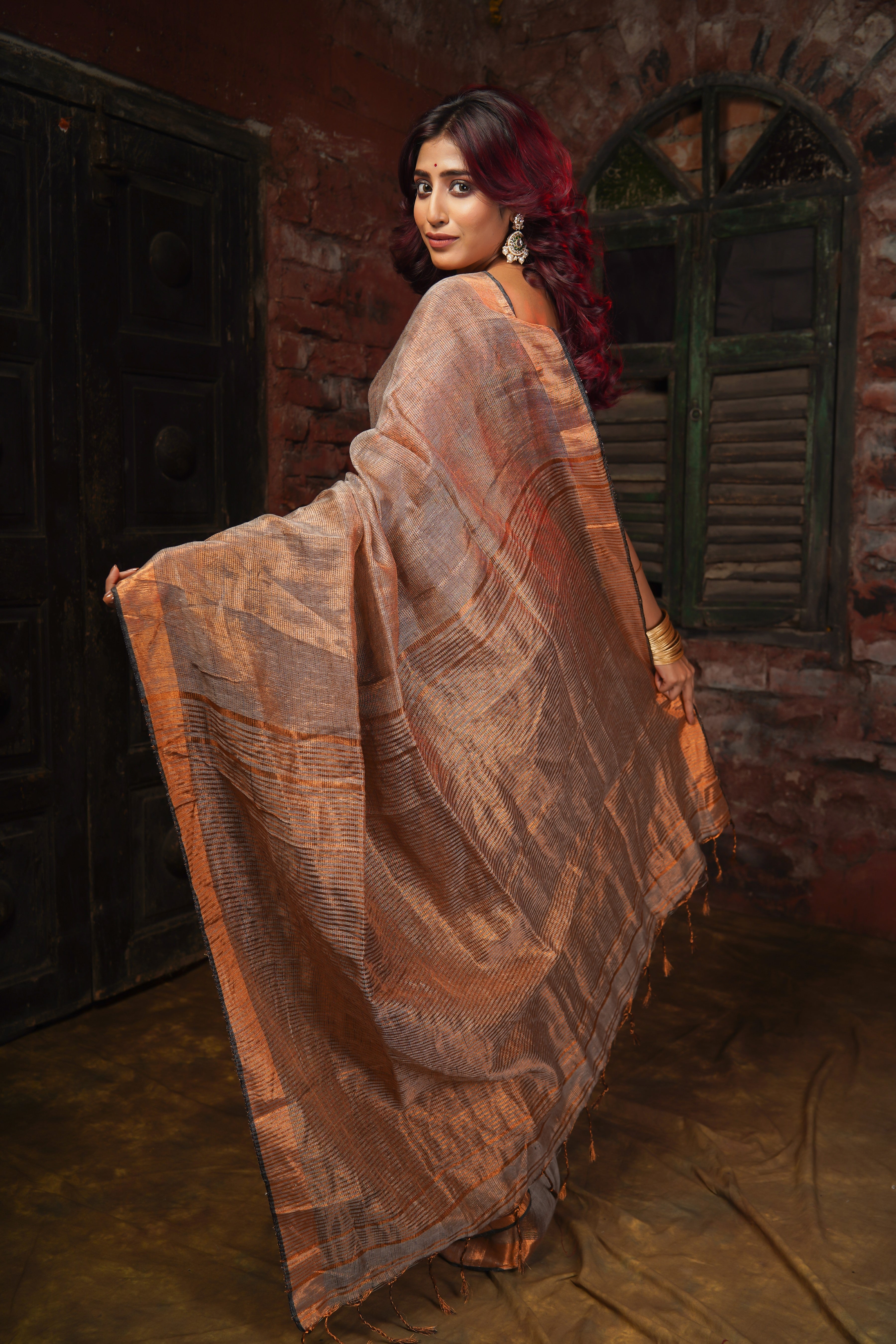 Mocha Dual Tone Tissue Linen Saree