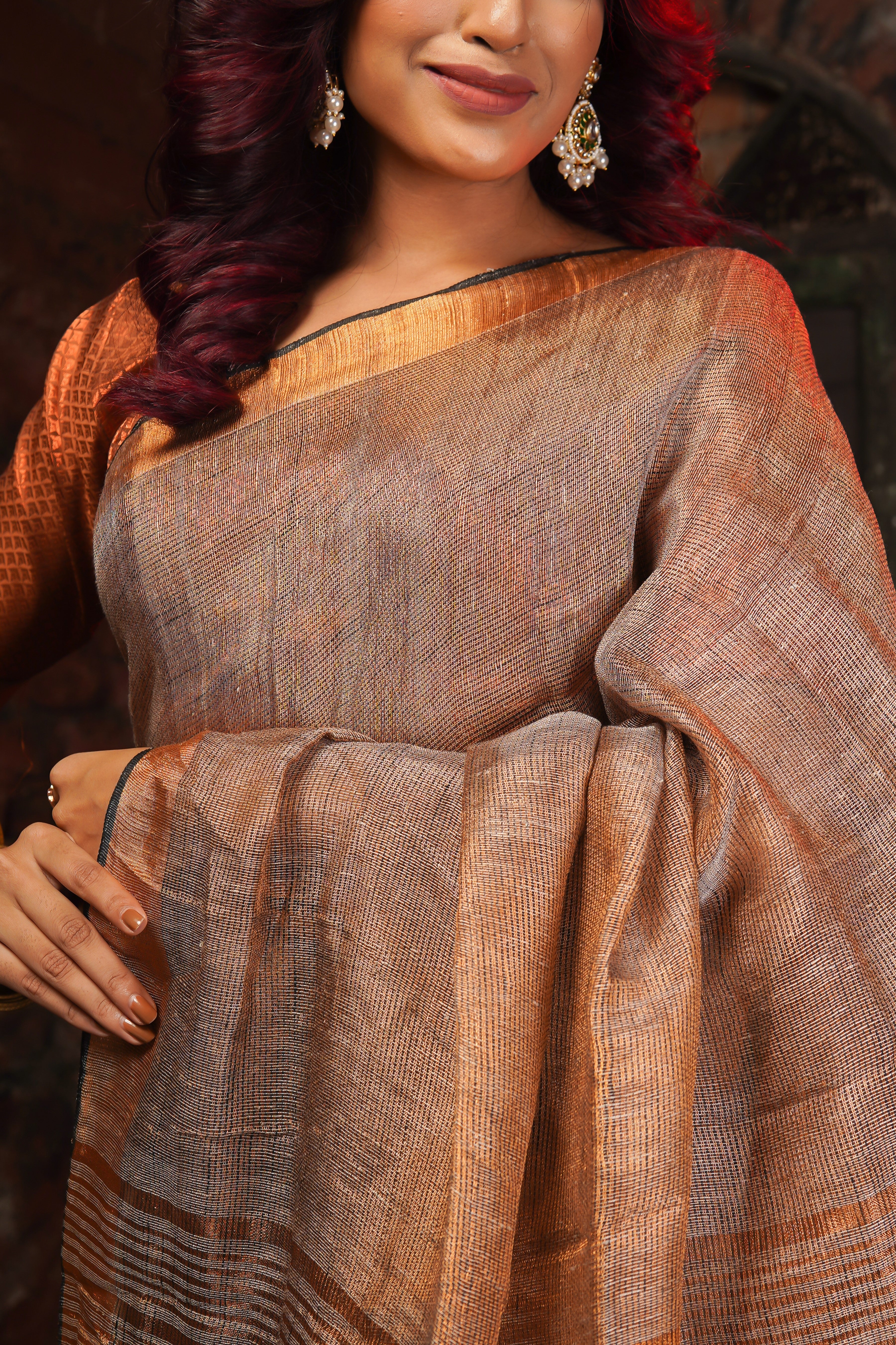 Mocha Dual Tone Tissue Linen Saree