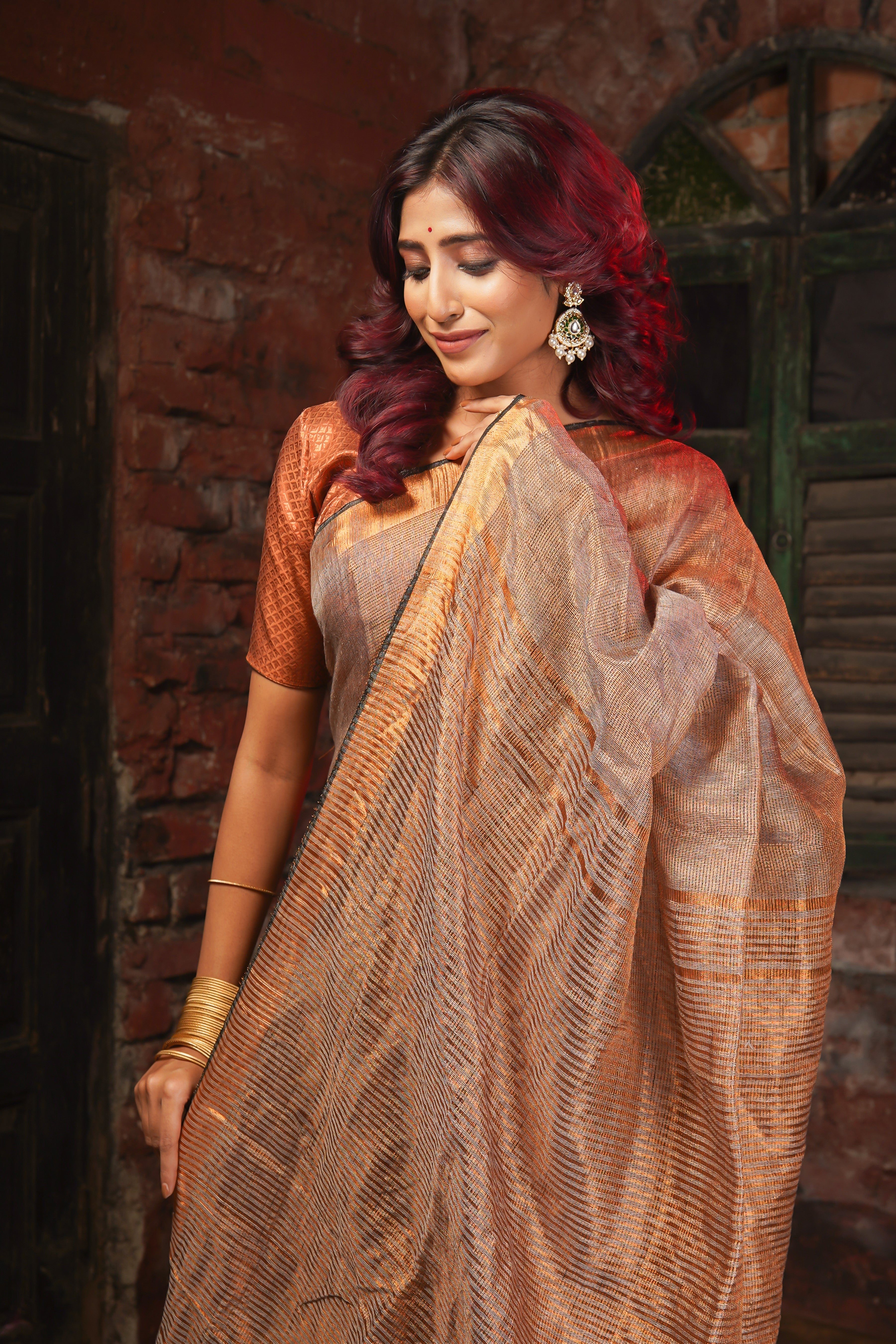 Mocha Dual Tone Tissue Linen Saree