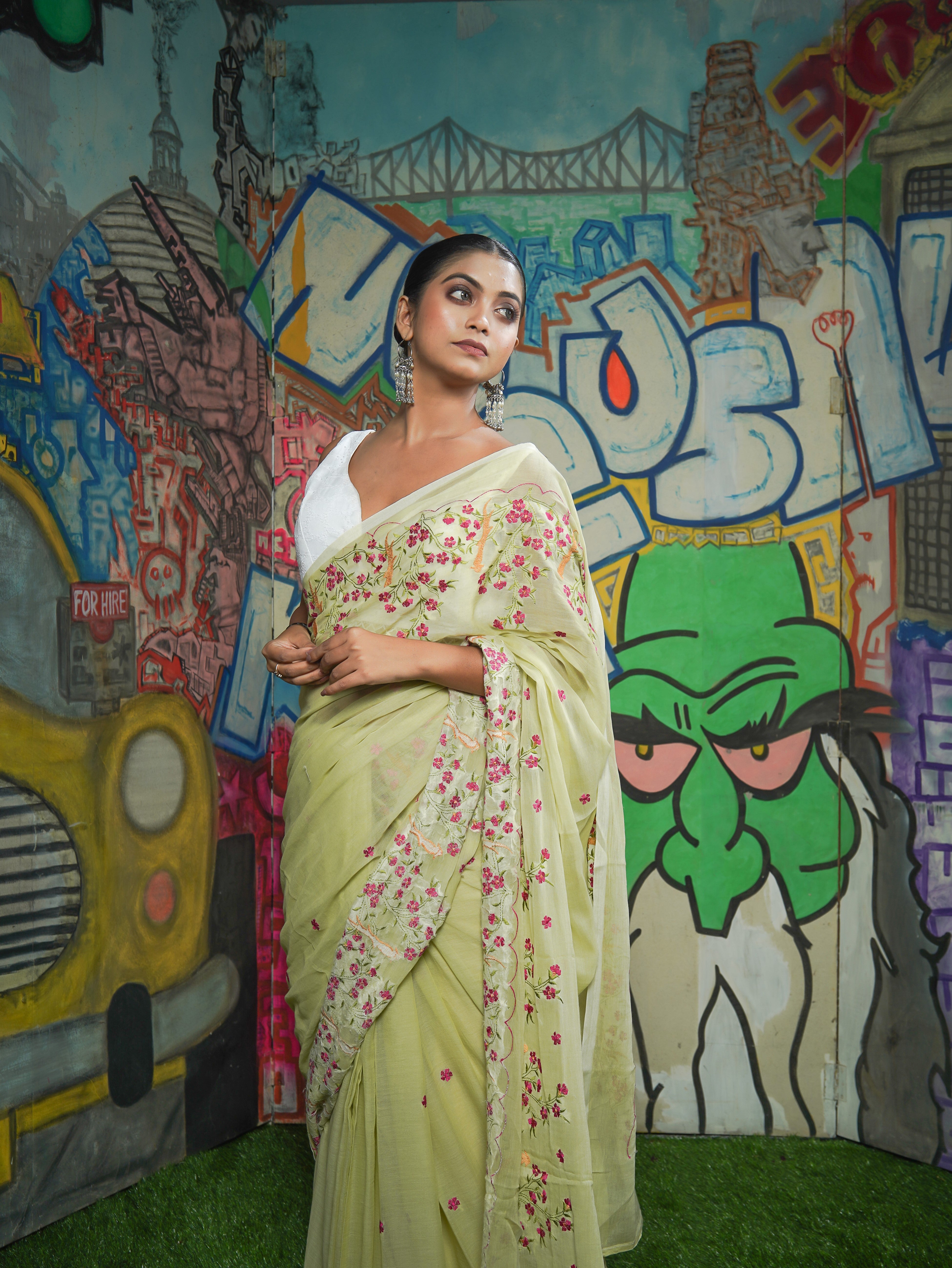 Mul Mul Cotton Embroidery Saree-Lime Green