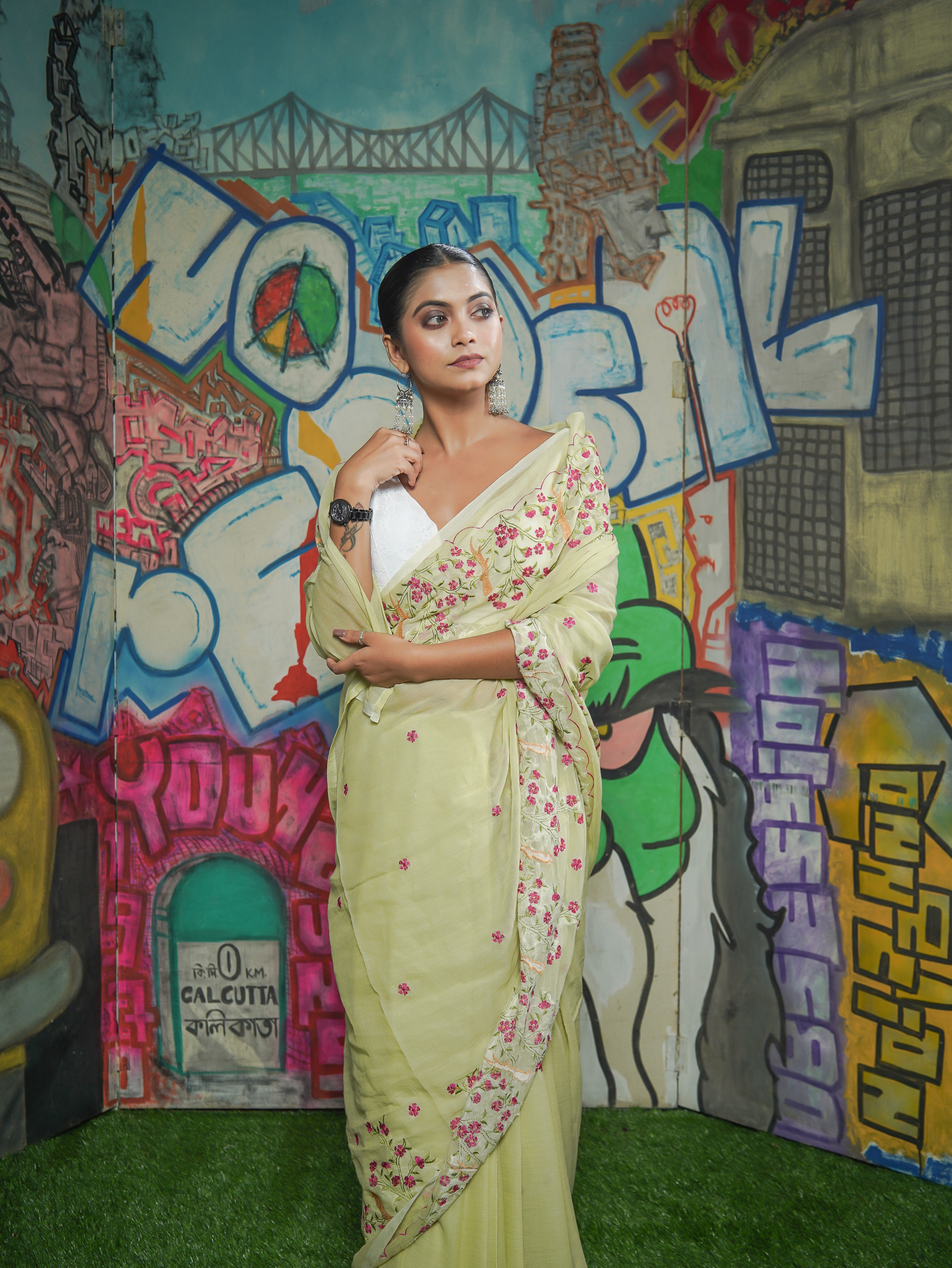 Mul Mul Cotton Embroidery Saree-Lime Green