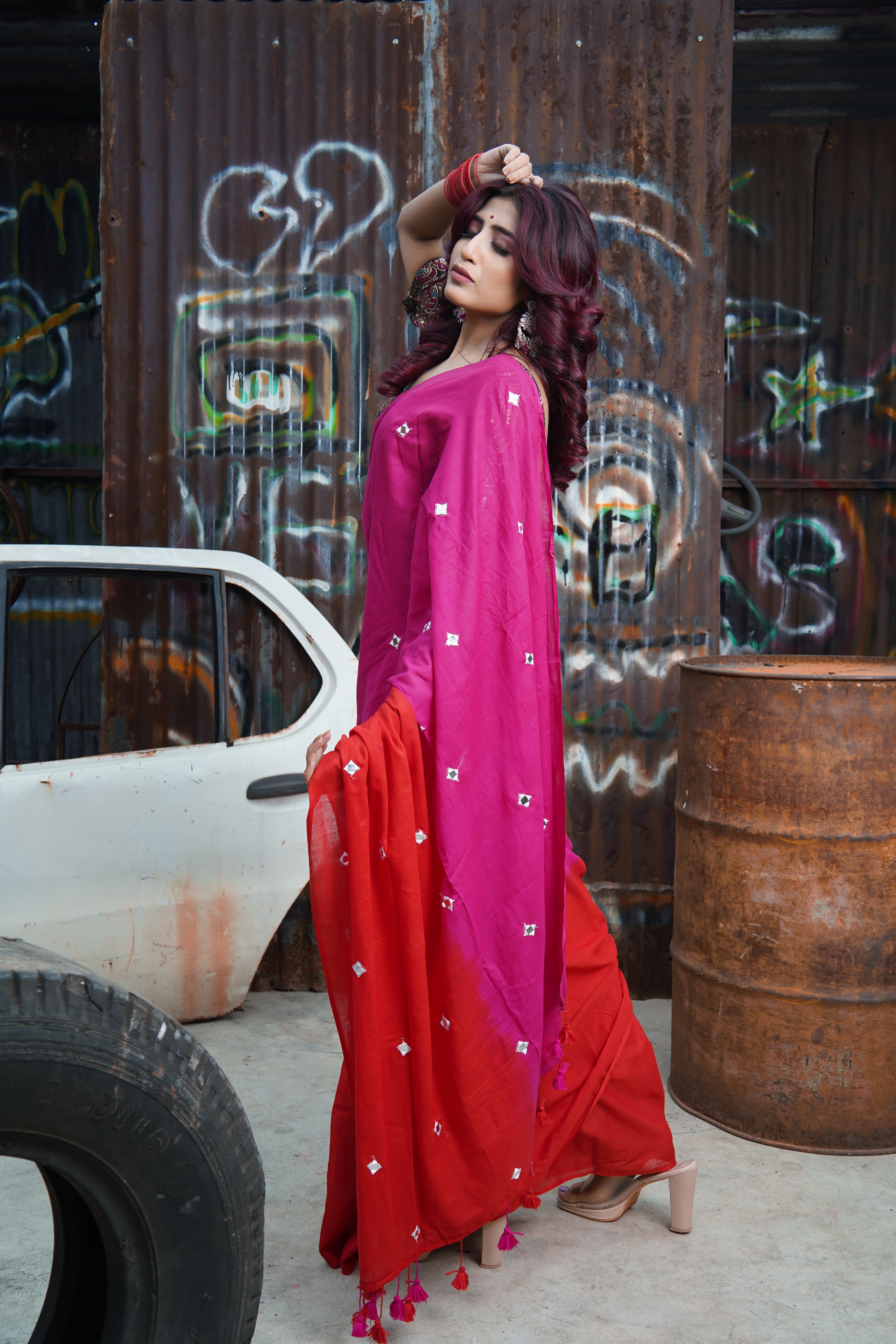 Pure Mul Cotton Mirror Work Saree Red & Rani